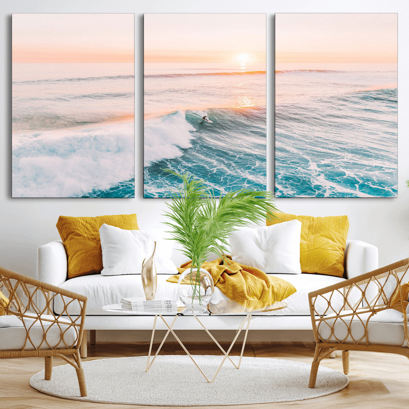 34064591-MGV-CV-60X30-3P-Surfing Wall Art – Sunset Ocean Wave Canvas Print, Surfer Riding Sea Photography Decor for Bedroom, Living Room, Office, Coastal