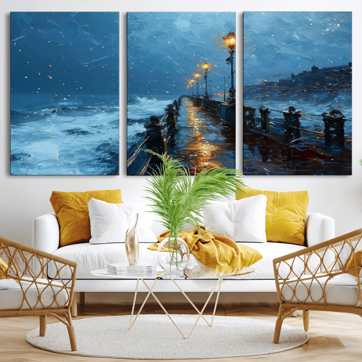 93793246-MGV-CV-36X24-Stormy Night Pier Canvas Wall Art – Moody Ocean Landscape with Lights, Blue Coastal Seascape Print for Bedroom, Living Room,