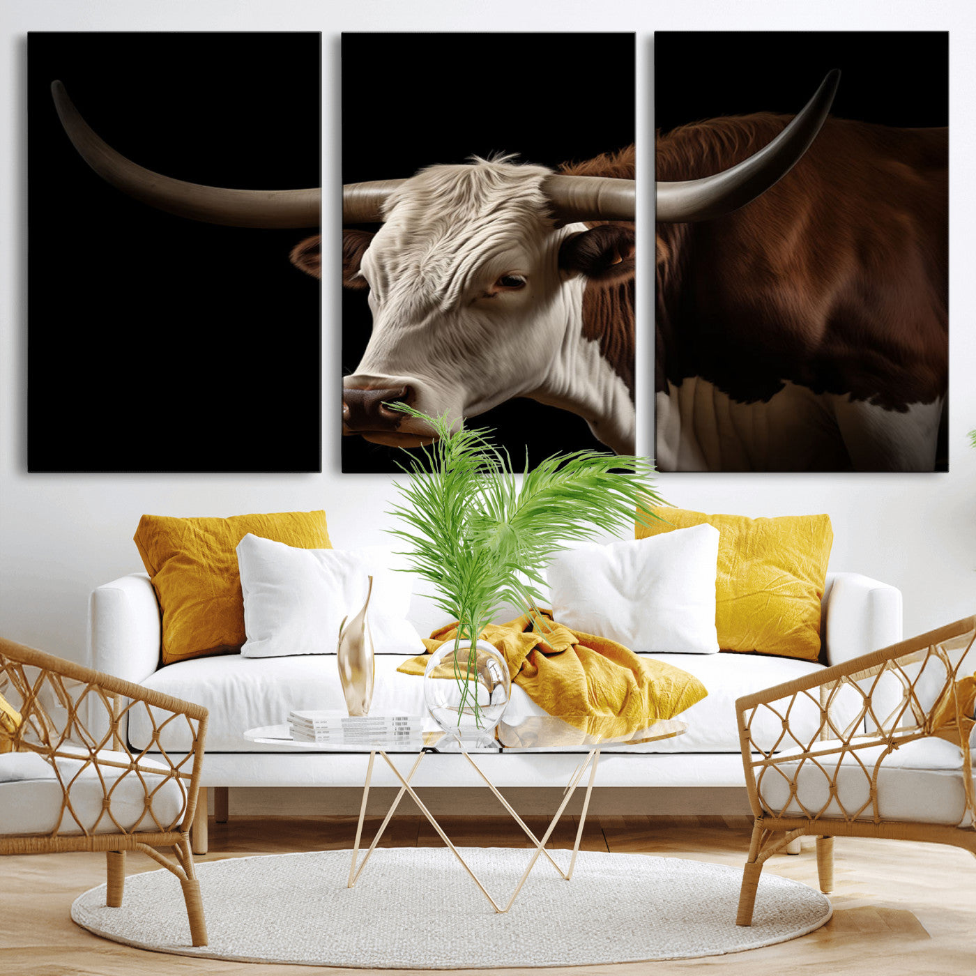 27414857-MGV-CV-36X24-Longhorn Bull Wall Art – Dramatic Western Steer Portrait Canvas Print, Rustic Farmhouse Animal Decor for Living Room, Office, or