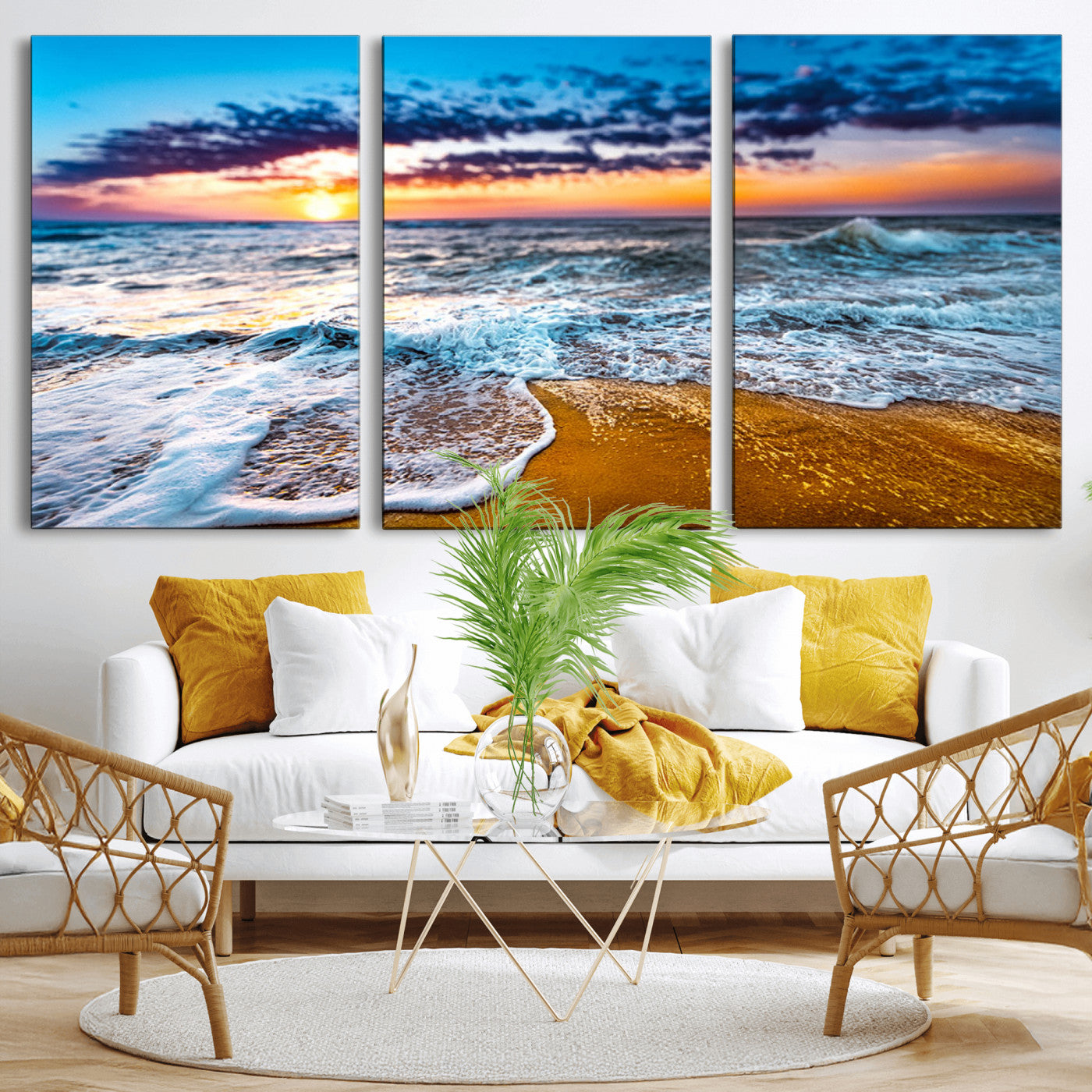 24077769-MGV-CV-36X24-Sunset Beach Wall Art – Ocean Waves Canvas Print, Golden Shoreline Photography Coastal Decor for Living Room, Bedroom, Office,