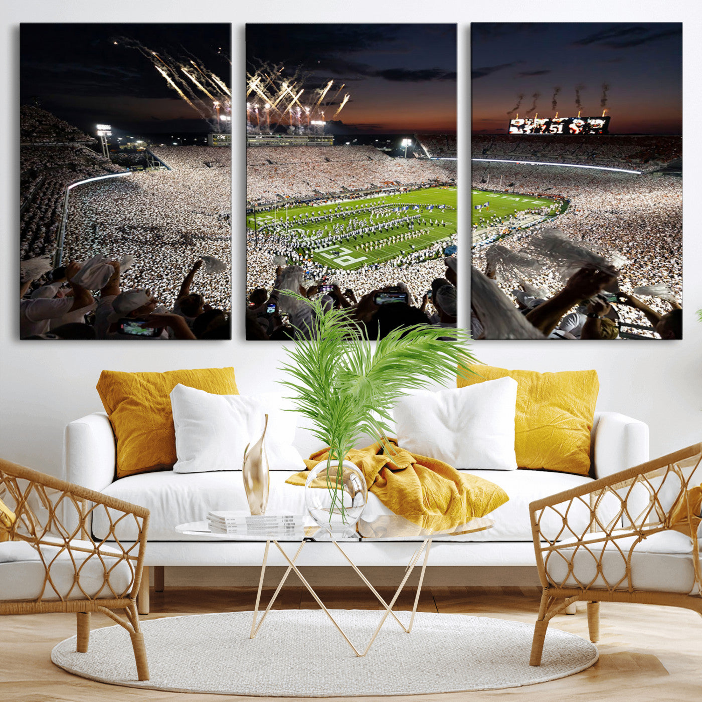 11221988-MGV-CV-36X24-Football Stadium Wall Art – Game Day Crowd with Fireworks, Sports Fan Photography Print, Stadium Decor for Man Cave, Bar, or