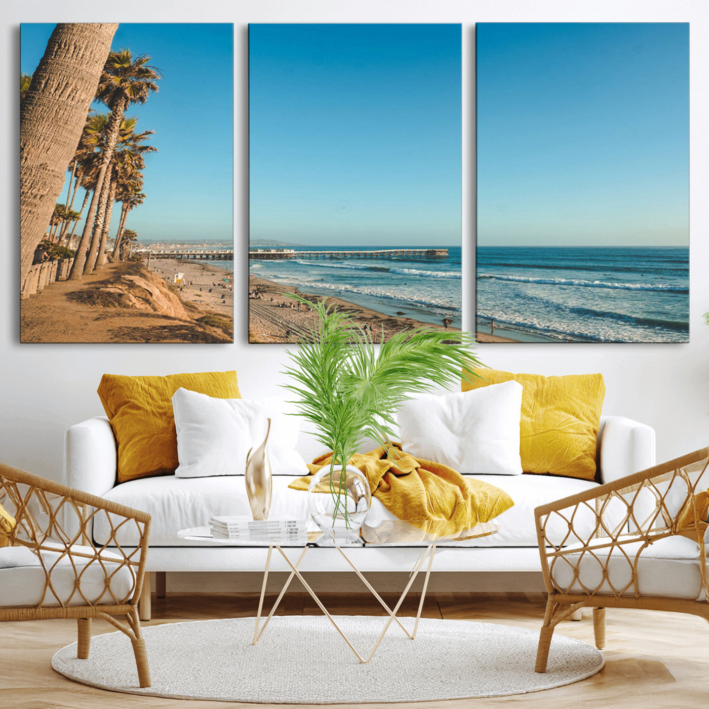 92568259-MGV-CV-36X24-California Beach Wall Art – Palm Tree Pier Canvas Print, Coastal Ocean Photography Seaside Decor for Living Room, Bedroom, Office,