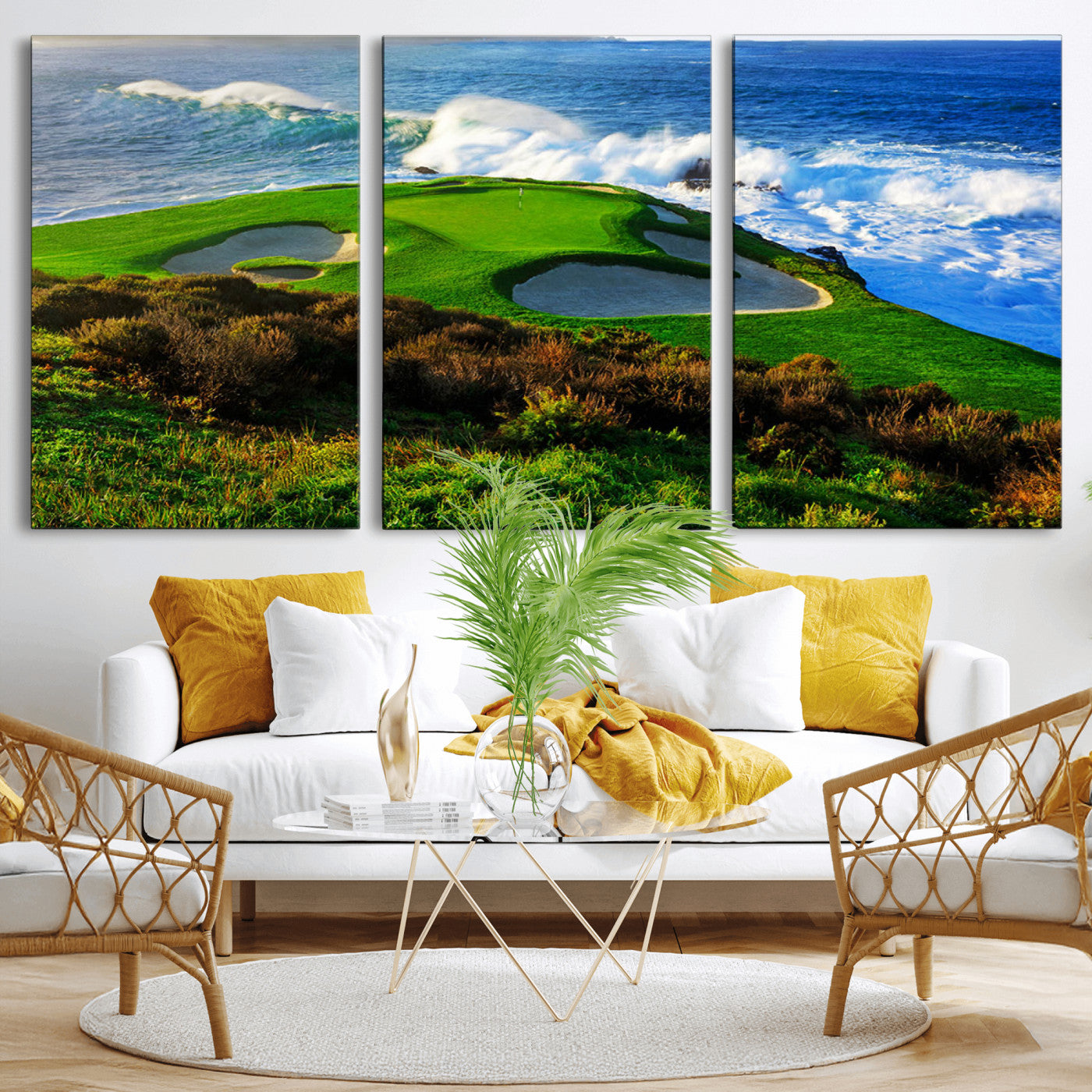 34181847-MGV-CV-36X24-Coastal Golf Course Wall Art – Panoramic Ocean Fairway Canvas Print, Scenic Sports Photography Decor for Office, Man Cave, Living