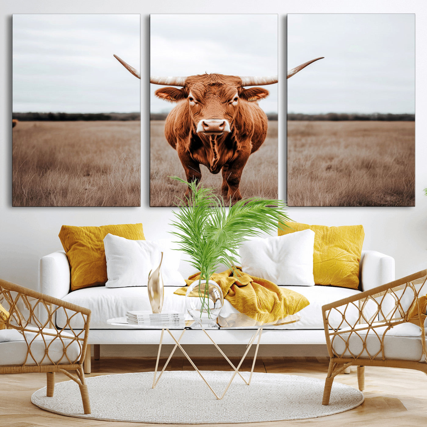 16316734-MGV-CV-36X24-Texas Longhorn Wall Art – Rustic Bull Portrait Canvas Print, Western Farmhouse Animal Photography Decor for Living Room, Office,