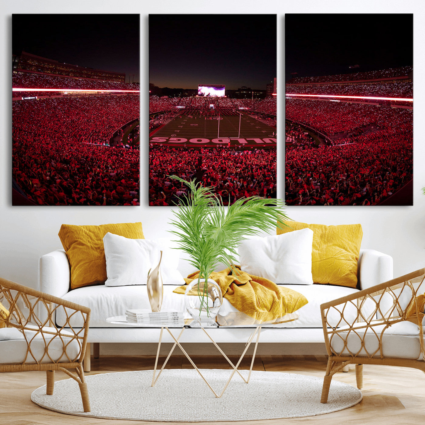 38331045-MGV-CV-36X24-Sanford Stadium Wall Art – Panoramic Georgia Bulldogs Red Light Game Football Canvas Print, Night Crowd Sports Decor for Office,