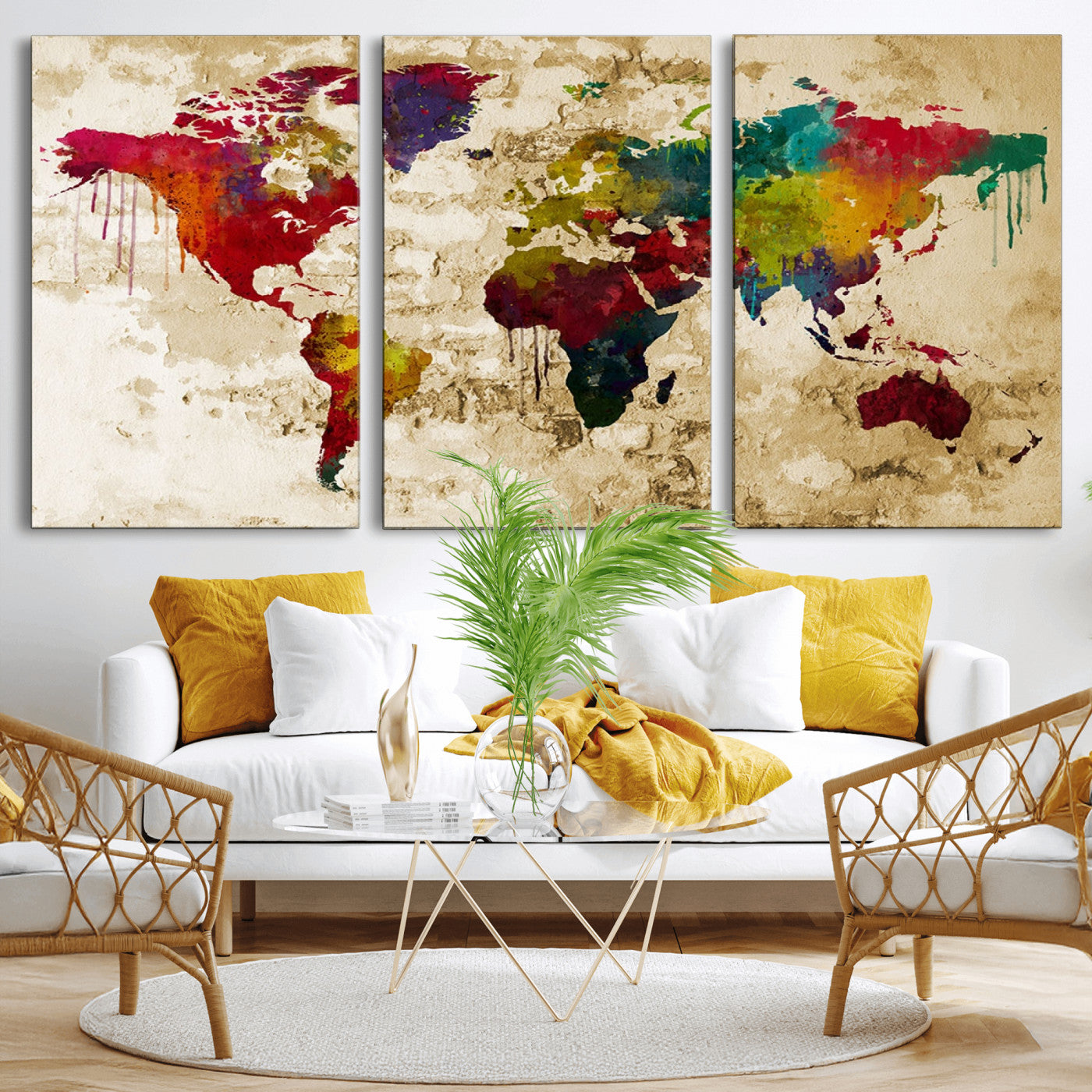 MGV-CV-60X30-3P - Multicolor Map Wall Art Canvas Print, Framed Watercolor Continents Art Picture Print, Colorful World Map Perfect Rustic Modern Decor Artwork