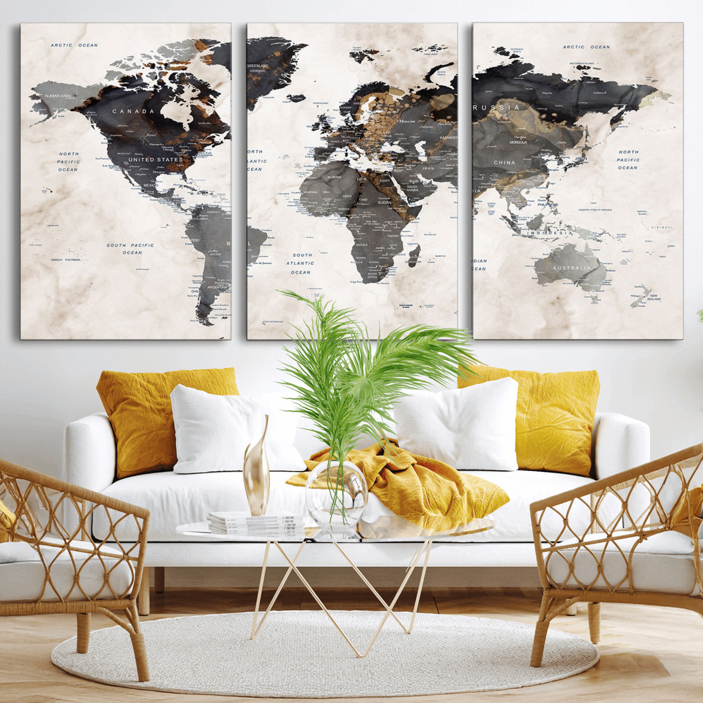 MGV-CV-60X30-3P - World Map Wall Art Canvas Print, Framed Rustic Map Art Picture Print, Antique Map Perfect Rustic Explorer Decor Artwork