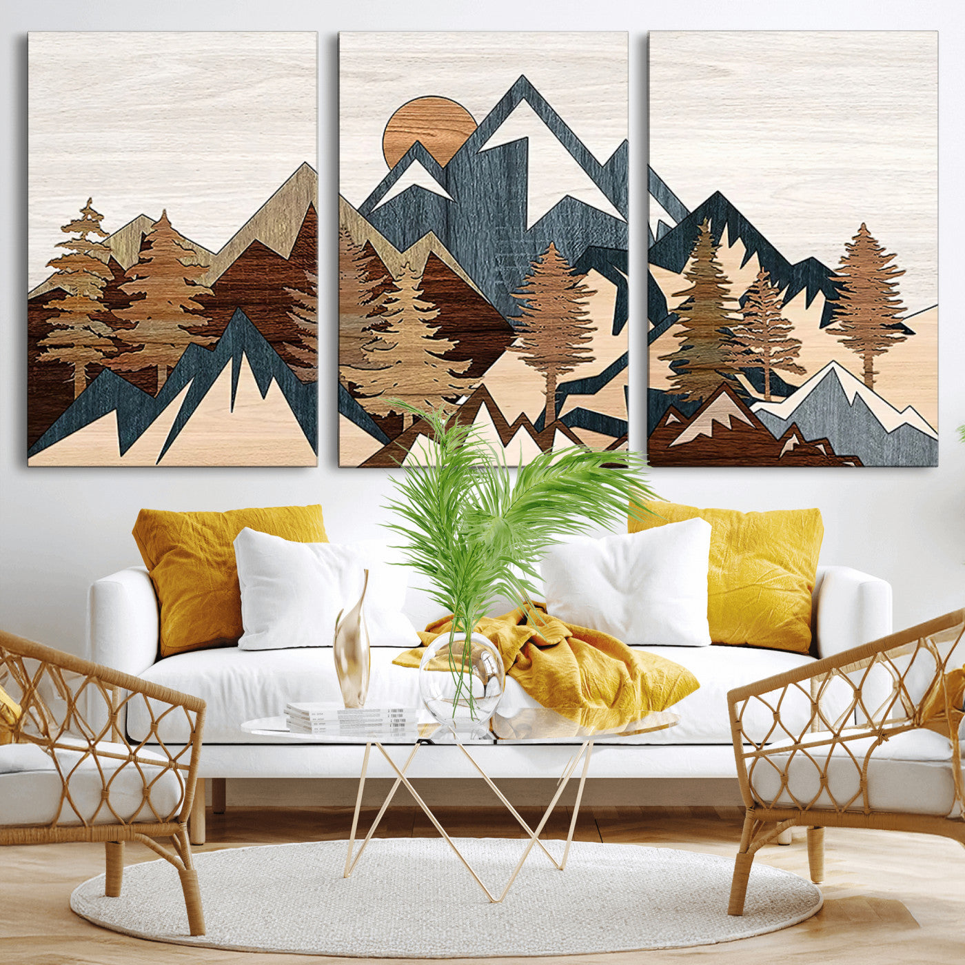80300-MGV-CV-60X30-3P-Geometric Mountains Wall Art Canvas Print, Framed Stylized Trees Art Picture Print, Graphic Forest Perfect Rustic Abstract Decor