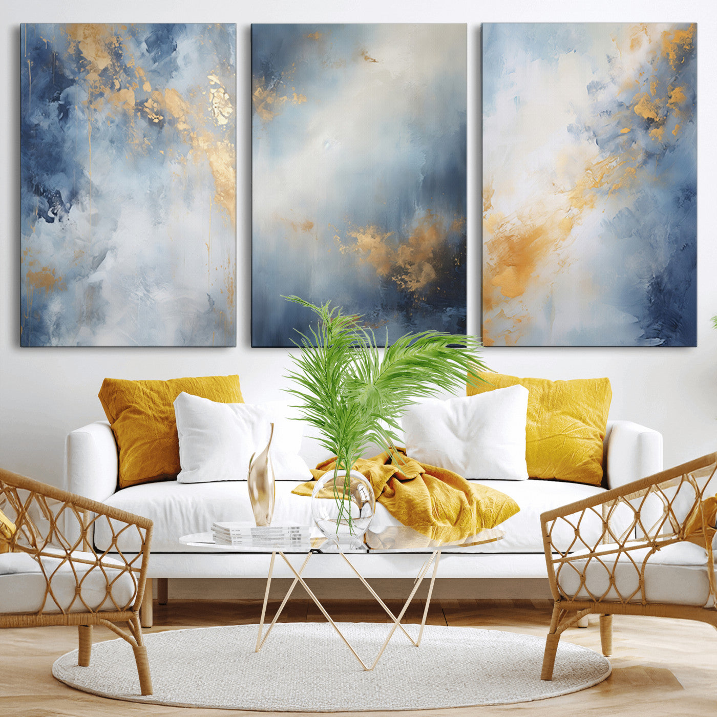 41836-MGV-CV-36X24-Abstract Gold Wall Art Canvas Print, Framed Blue Layers Art Picture Print, Elegant Cloud Perfect Elegant Minimalist Decor Artwork