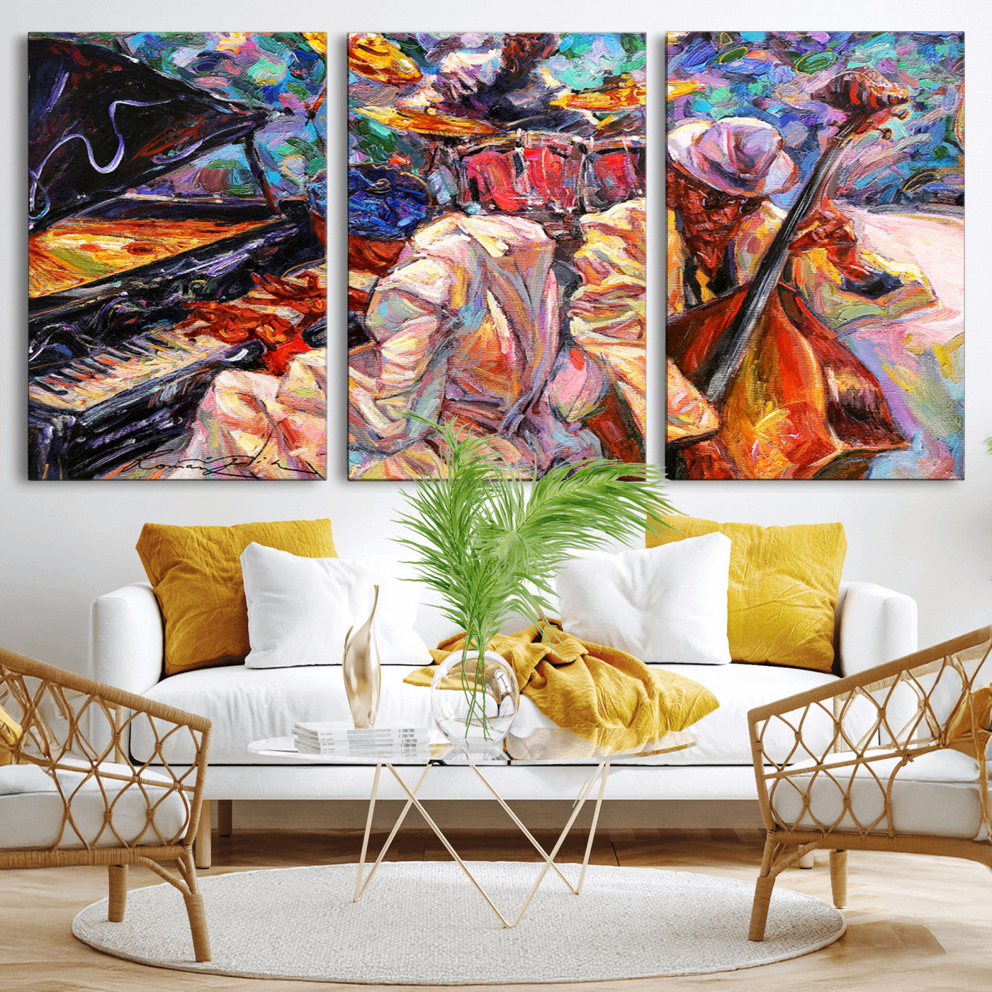 13675-MGV-CV-60X30-3P-Jazz Band Wall Art Canvas Print, Framed Jazz Oil Painting Art Picture Print, Vibrant Music Perfect Abstract Musical Decor Artwork