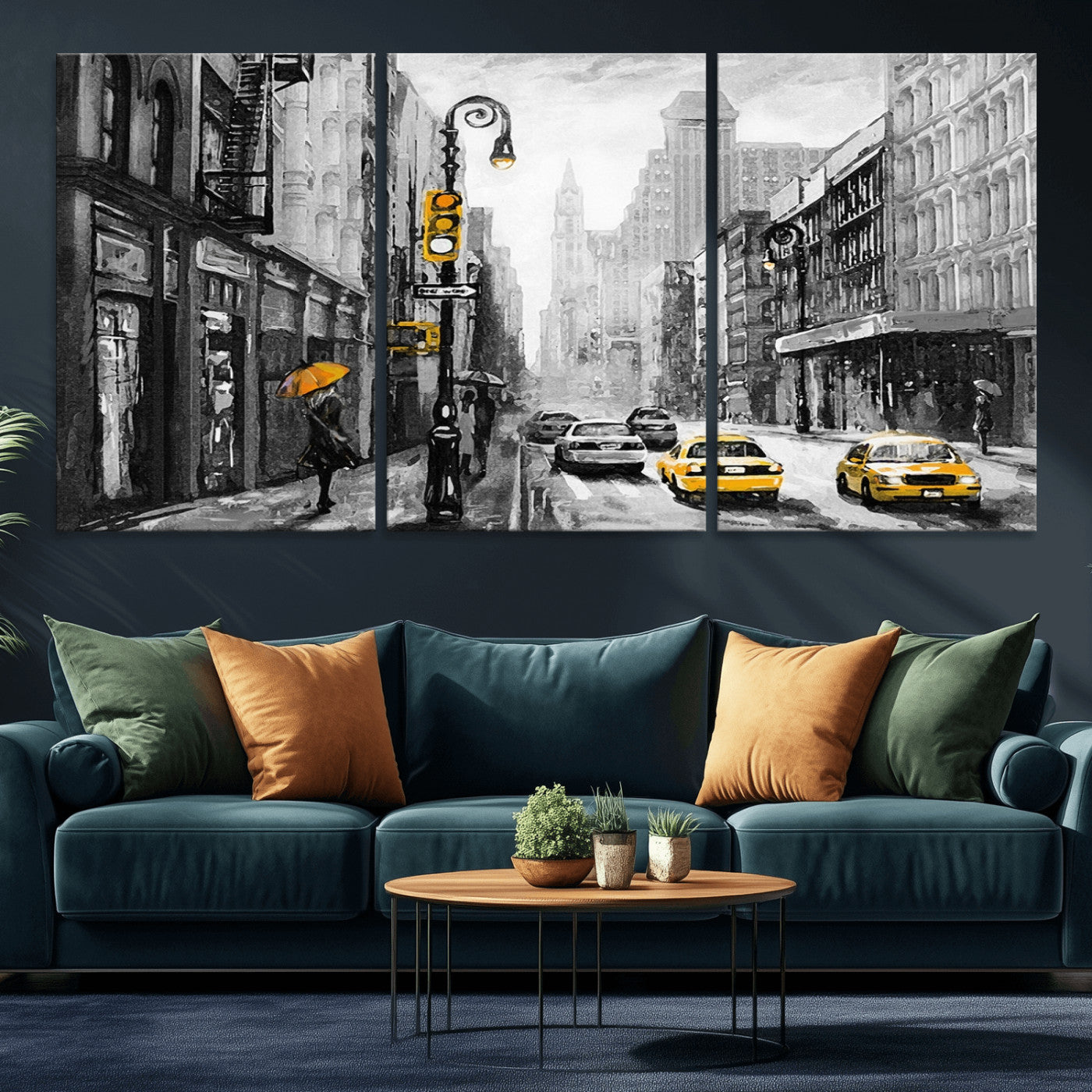 32362-MGV-CV-36X24-NYC Street Wall Art – Black and White Cityscape with Yellow Taxis and Umbrella Canvas Print, Urban Home Decor for Living Room or