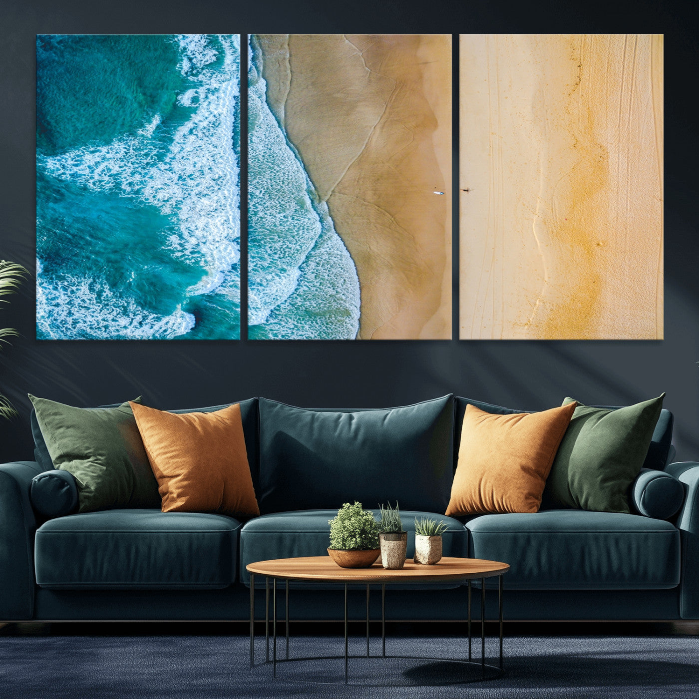 46640-MGV-CV-36X24-Aerial Beach Wall Art – Turquoise Waves and Golden Sand Canvas Print with Lone Surfer, Coastal Ocean Decor for Living Room,