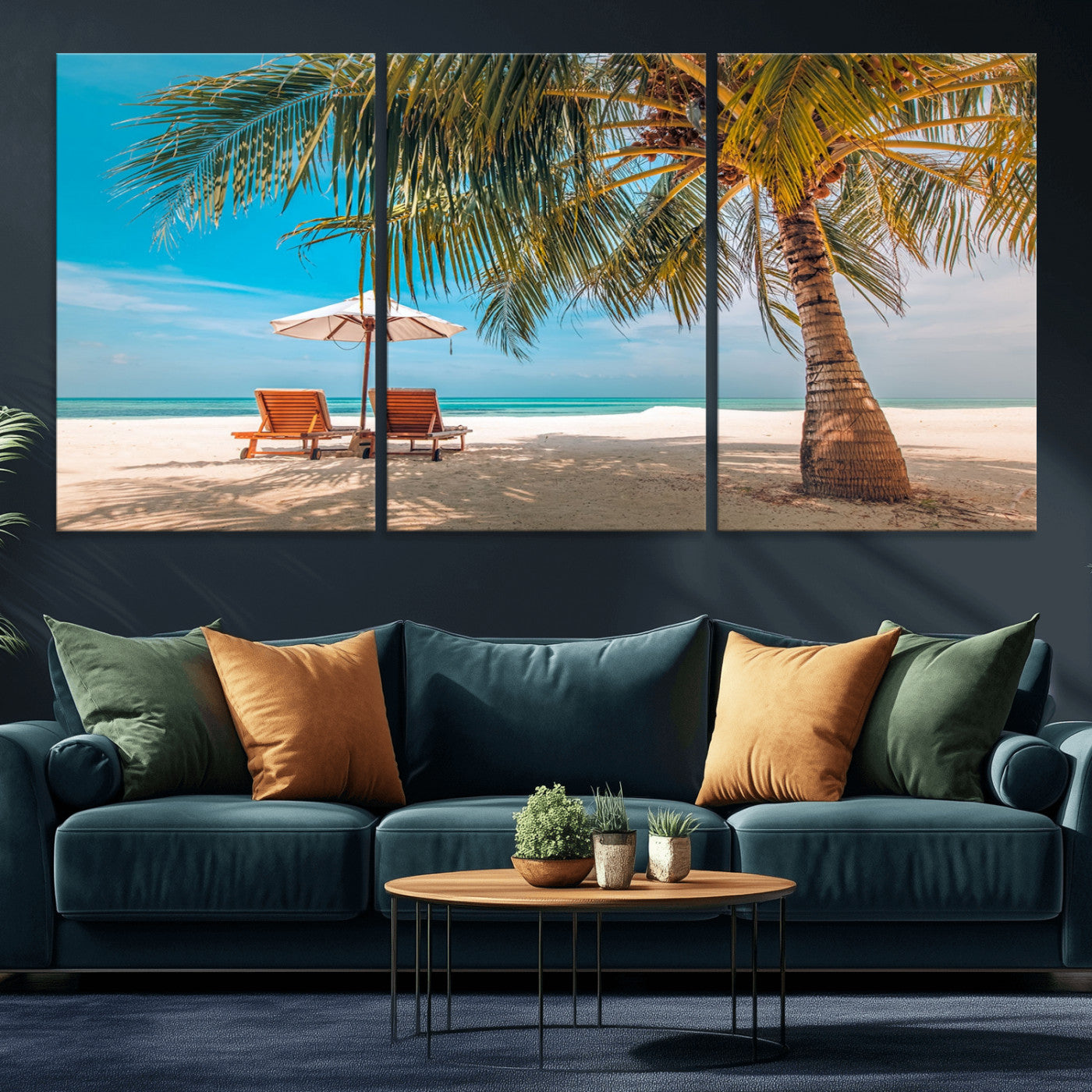 69754-MGV-CV-36X24-Tropical Beach Wall Art – Relaxing Palm Tree and Lounge Chairs Canvas Print, Serene Coastal Decor for Living Room, Bedroom, Office