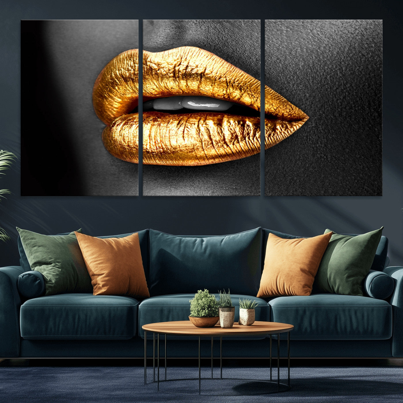 84747-MGV-CV-36X24-Golden Lips Black & White Portrait – Glamorous Metallic Lip Art Print, Modern Wall Decor for Bedroom, Beauty & Fashion Lover Gift