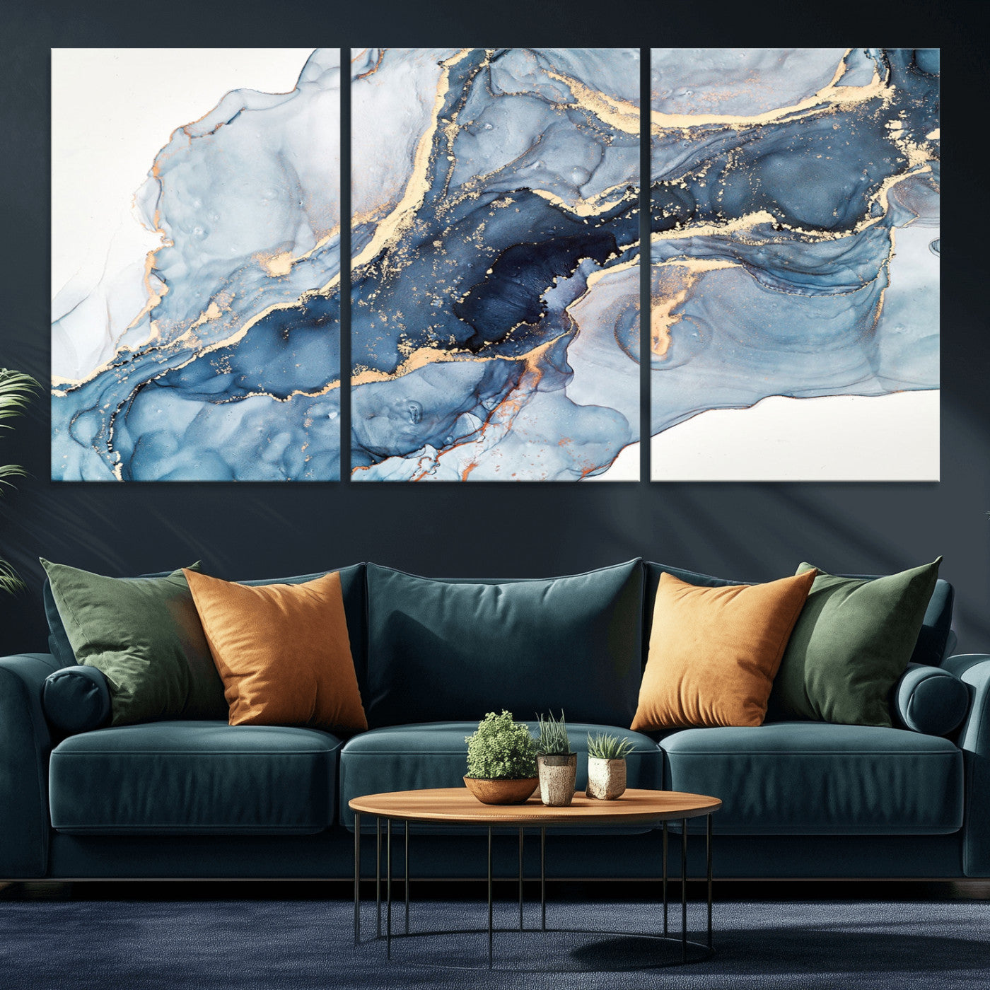 33782-MGV-CV-36X24-Abstract Marble Wall Art – Blue & Gold Fluid Painting Canvas Print, Modern Home Decor for Living Room, Bedroom or Office