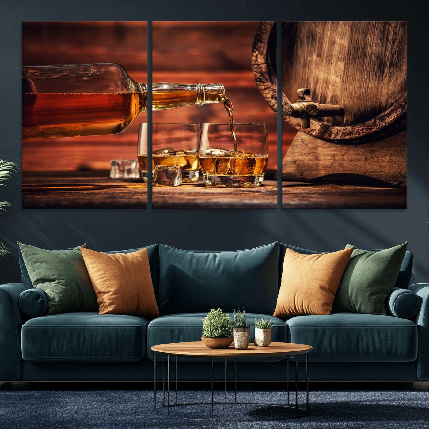 21266-MGV-CV-36X24-Pouring Whiskey into Glasses with Ice – Rustic Wooden Barrel Background, Warm Ambient Lighting, Ideal Decor for Home or Office