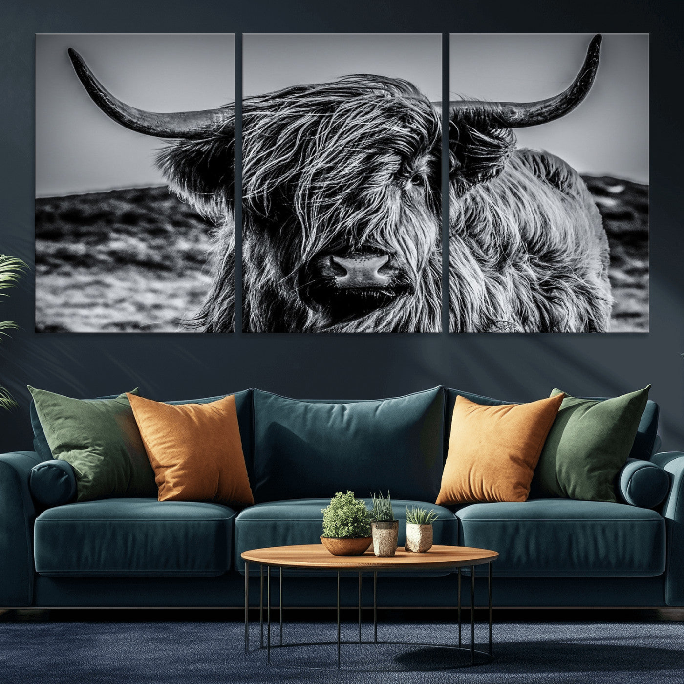 97372-MGV-CV-60X30-3P-Elegant Highland Cow Wall Art – Black and White Canvas Print, Rustic Nature Decor for Home, Office, Living Room or Man Cave