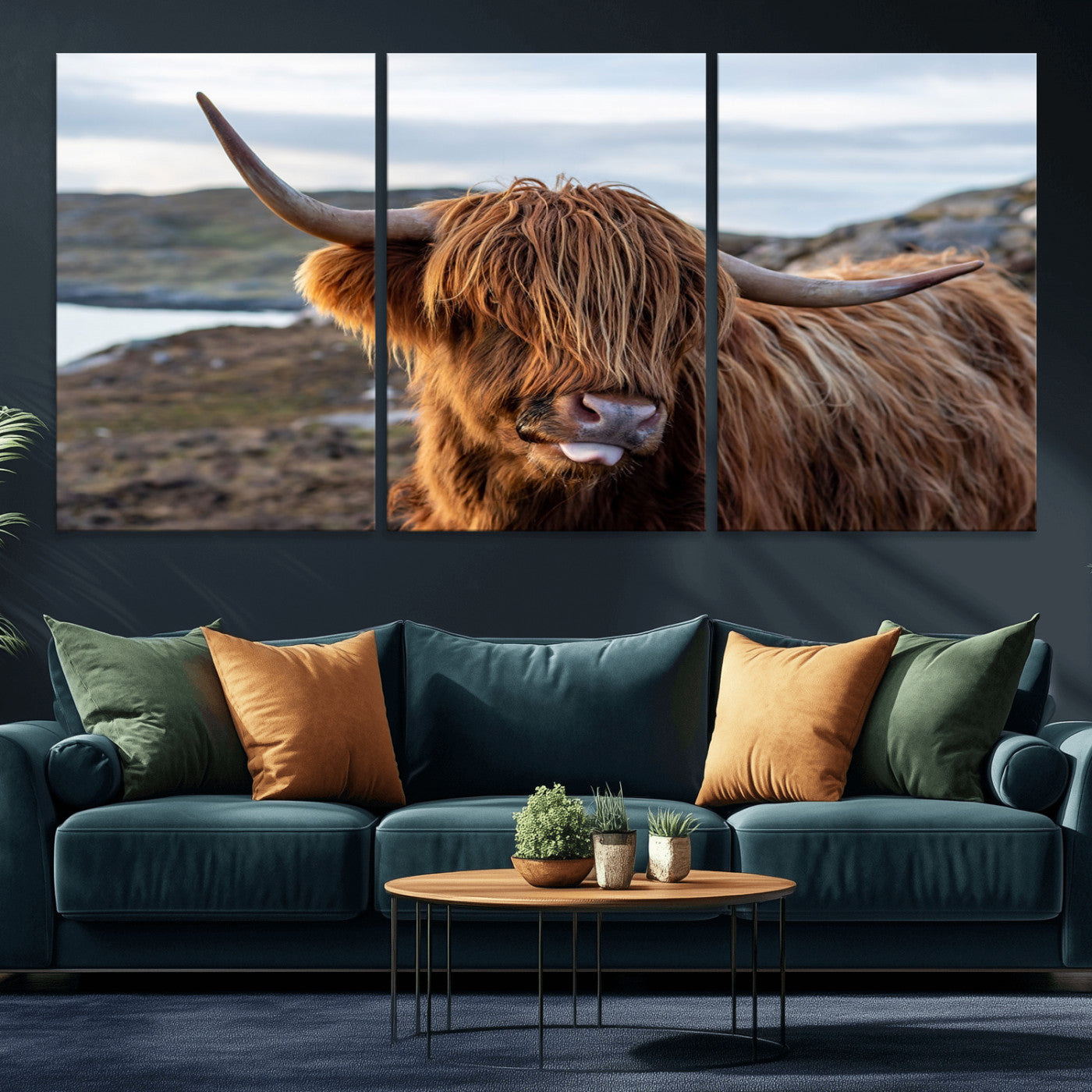 71222-MGV-CV-36X24-A playful Highland cow with shaggy fur sticks out its tongue, set against a rugged landscape — perfect for quirky home or office