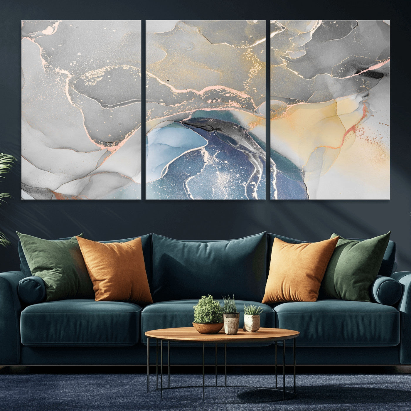 63211-MGV-CV-36X24-Abstract Fluid Art Wall Decor – Blue, Gray & Gold Canvas Print, Modern Home and Office Wall Art Decor for Living Room, Bedroom or