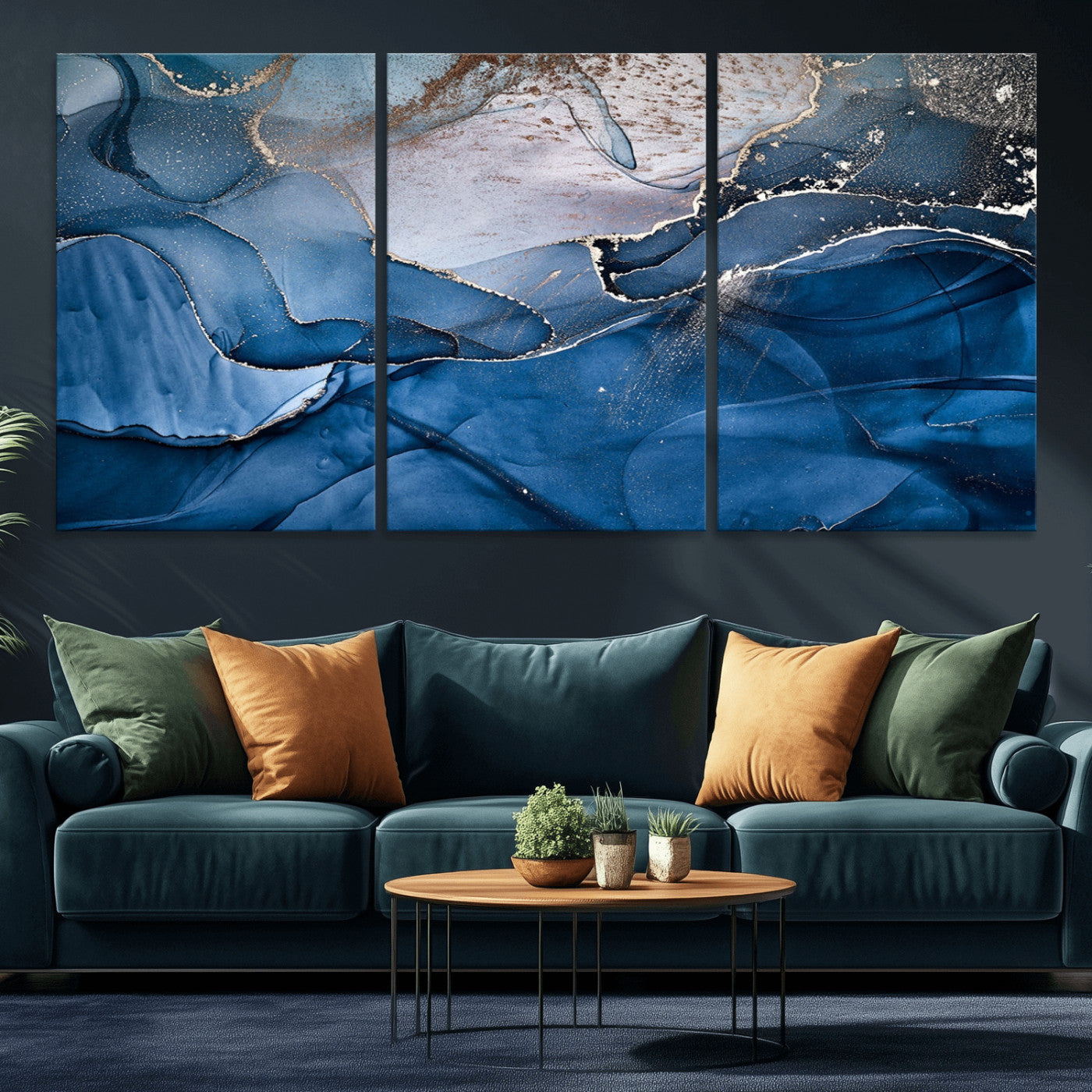 27810-MGV-CV-36X24-Abstract Blue Gold Fluid Art Wall – Modern Canvas Print, Elegant Home & Office Wall Art, Stylish Living Room or Bedroom Decor