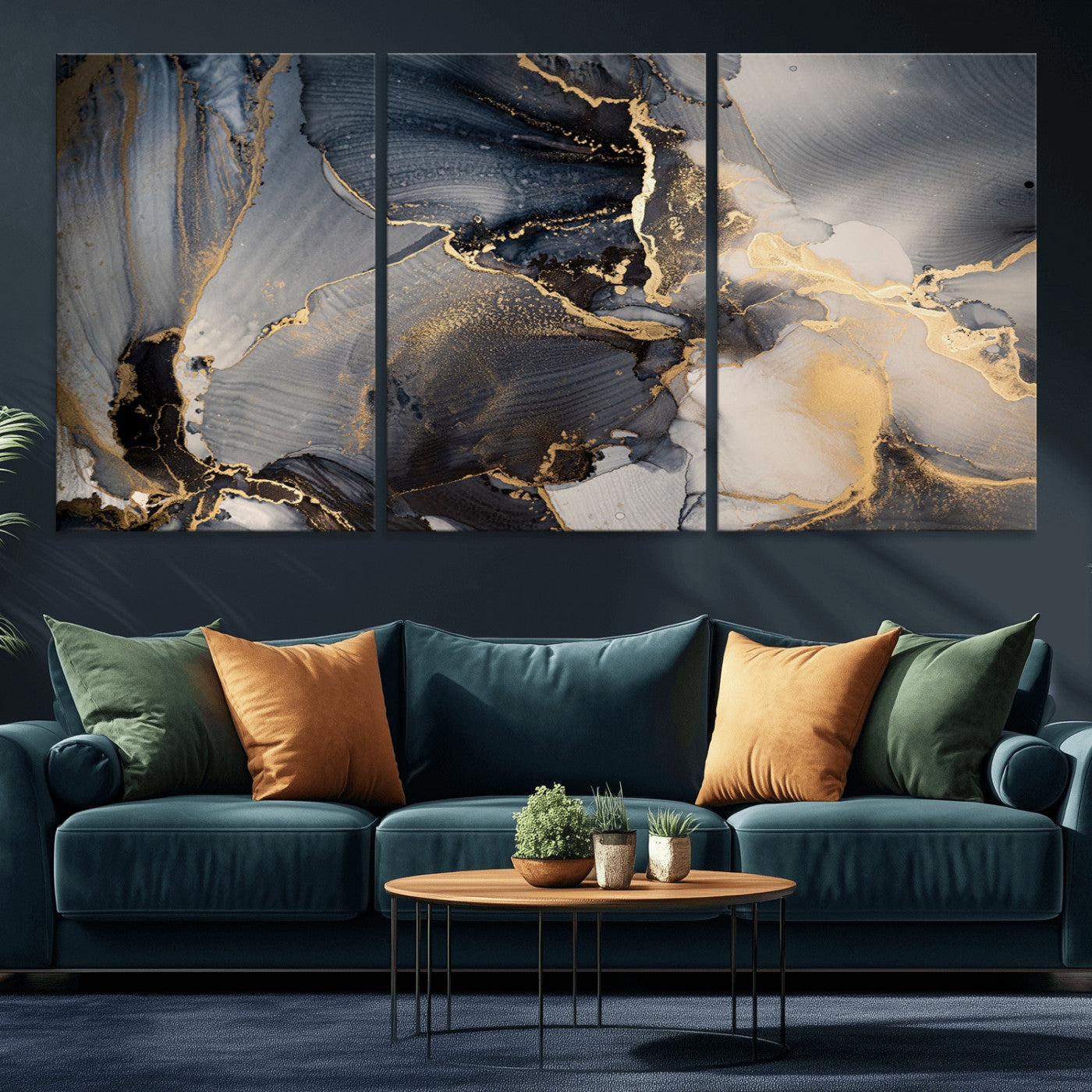 24068-MGV-CV-36X24-Luxury Abstract Wall Art – Gold & Gray Fluid Ink Painting Canvas, Modern Metallic Home Decor, Elegant Office or Living Room Accent