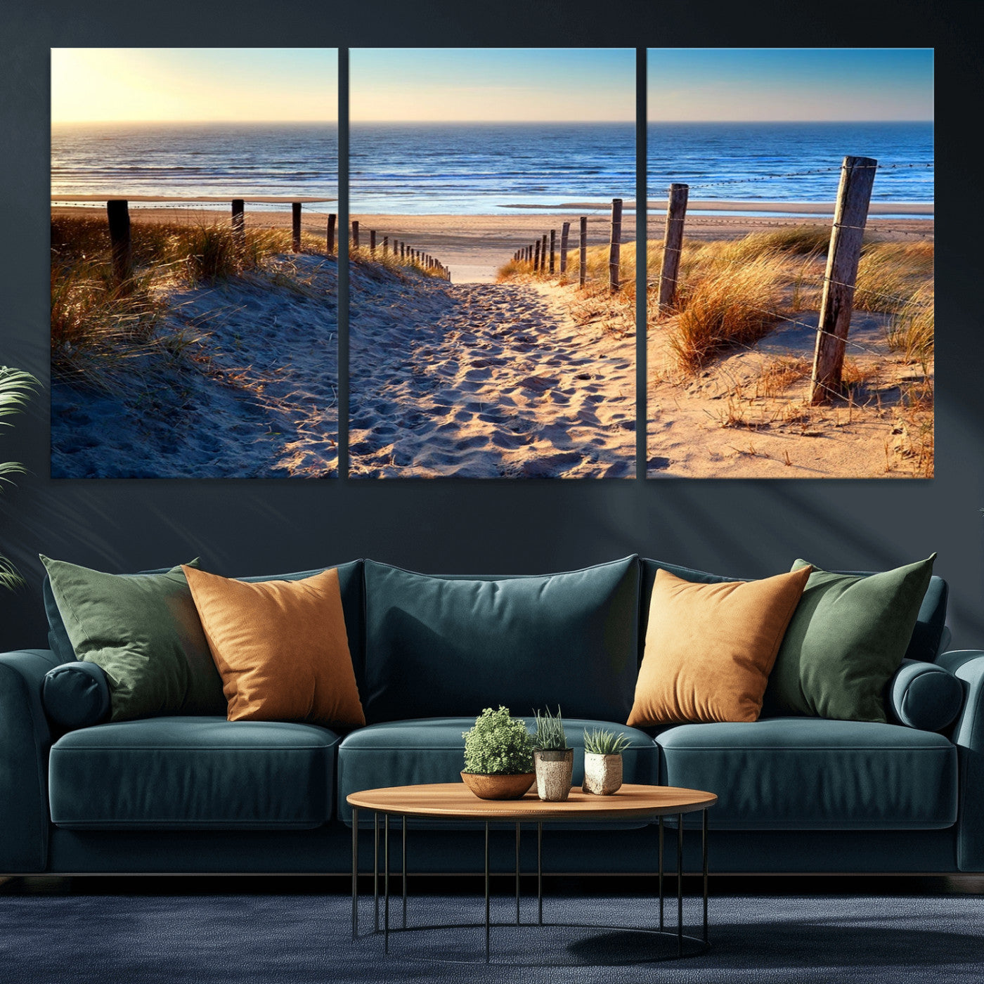 31889-MGV-CV-36X24-Sandy Beach Pathway Wall Art – Coastal Dune Fence and Ocean View Canvas Print, Relaxing Seaside Landscape Decor for Living Room or