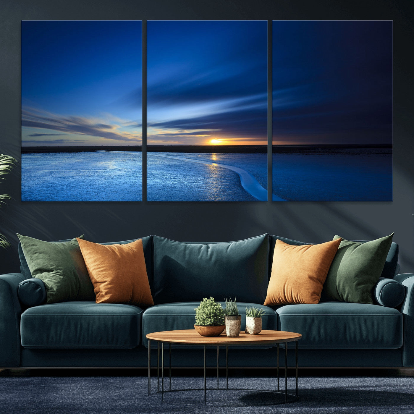 65405-MGV-CV-36X24-Blue Sunrise Seascape Wall Art – Tranquil Ocean Horizon Canvas Print with Golden Sunlight and Deep Sky, Coastal Landscape Decor