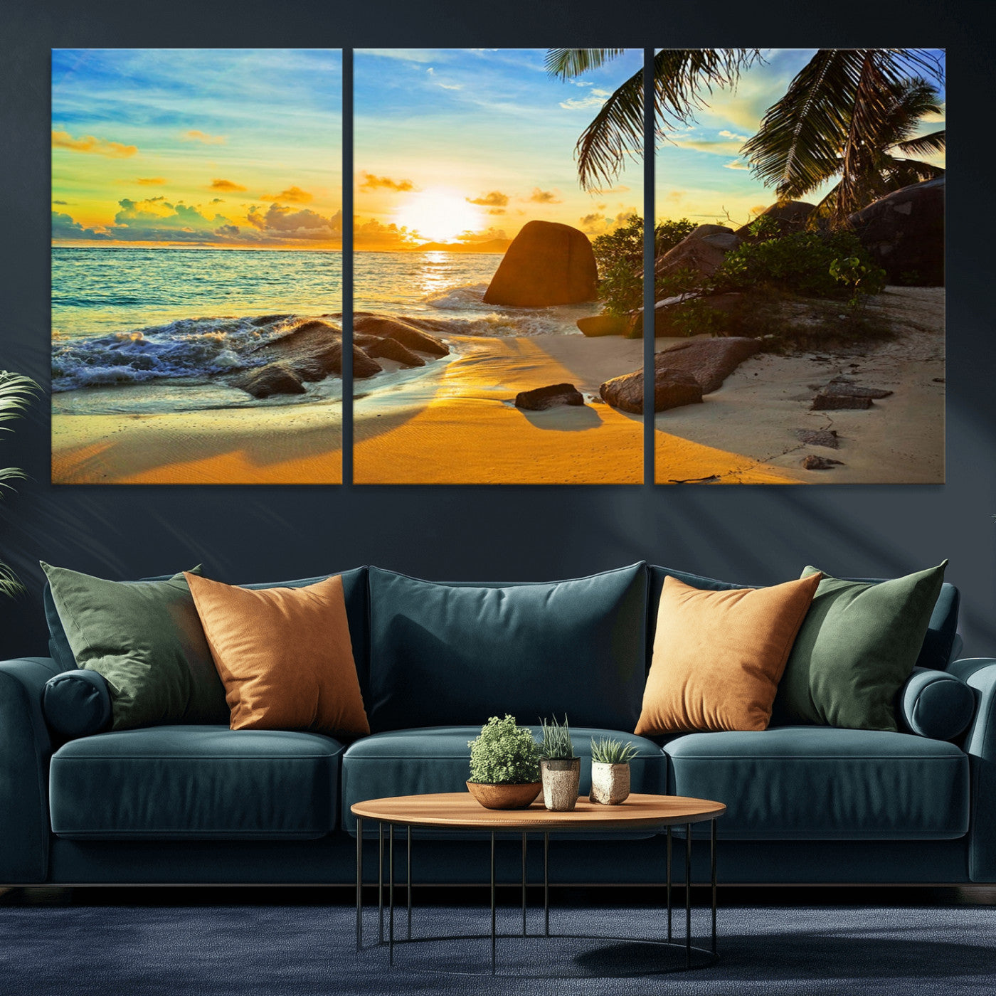 26181-MGV-CV-36X24-Golden Tropical Sunset Beach Wall Art – Ocean Canvas Print with Palm Trees and Rocks, Coastal Paradise Decor for Living Room or