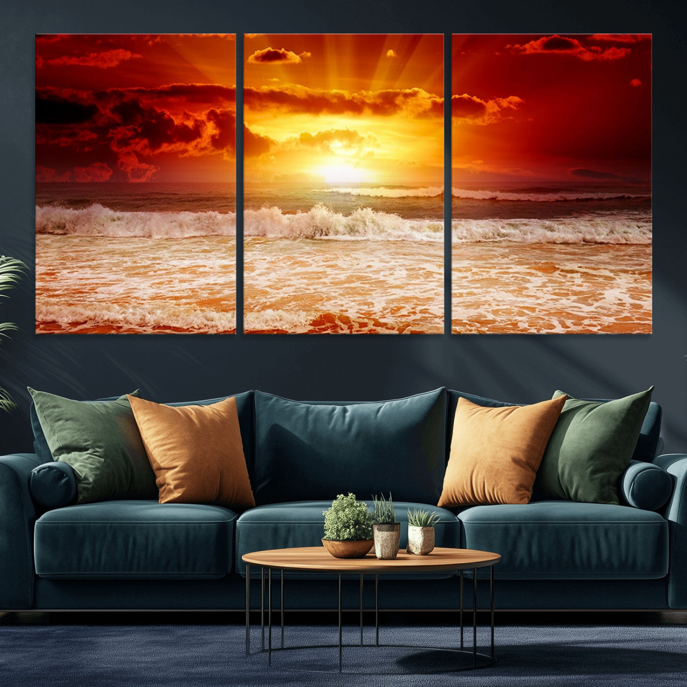 60211-MGV-CV-36X24-Fiery Sunset Ocean Waves Canvas Print – Vibrant Red & Orange Coastal Wall Art, Dramatic Seascape Decor