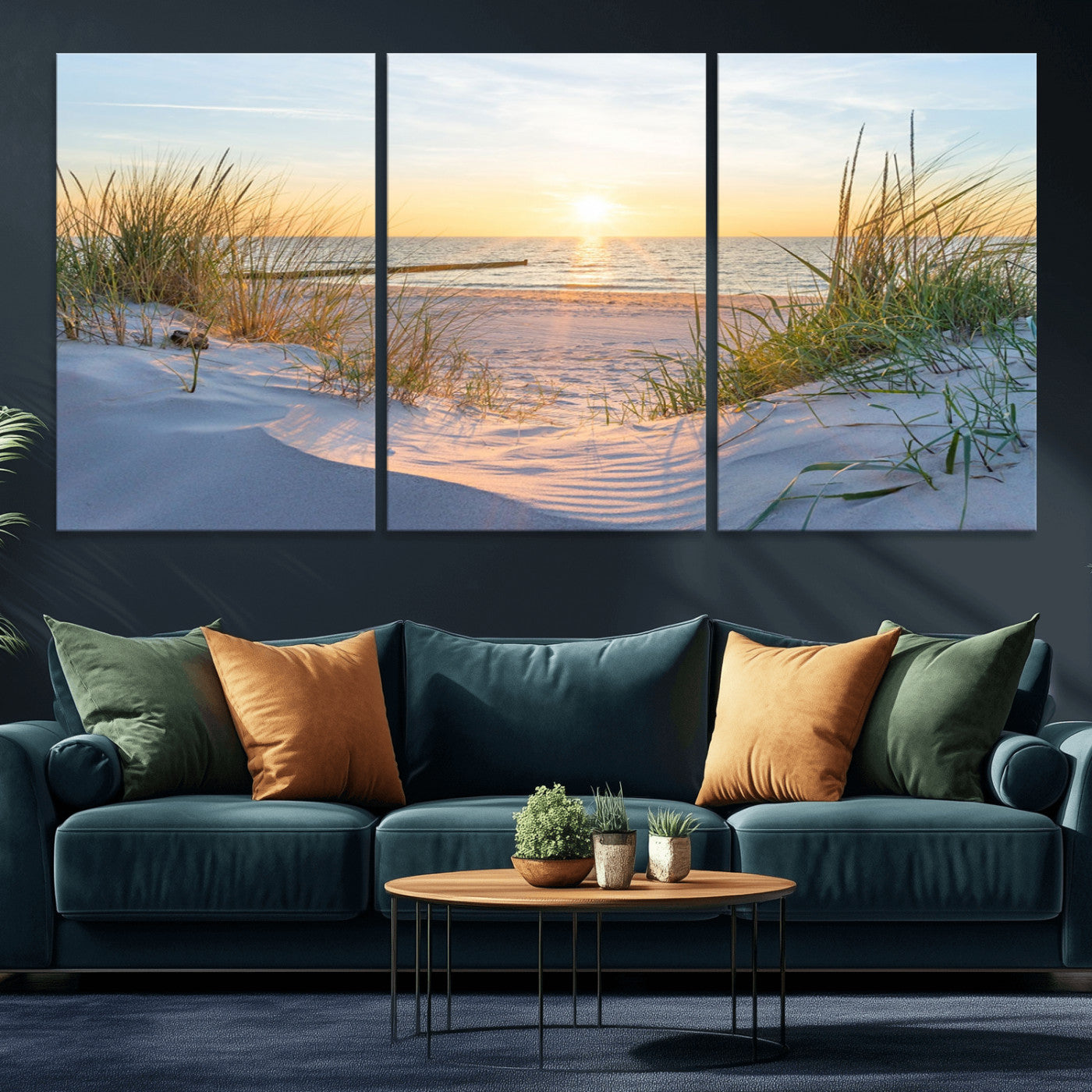 48907-MGV-CV-36X24-Beach Sunset Wall Art – Coastal Sand Dunes and Ocean View Canvas Print, Serene Seaside Landscape Painting for Living Room, Bedroom