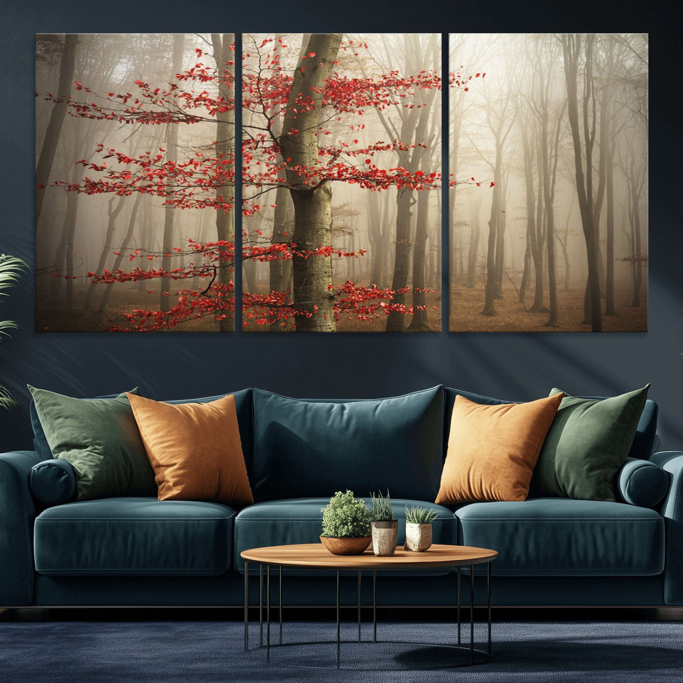 61855-MGV-CV-36X24-Misty Forest Wall Art – Red Tree with Autumn Leaves Canvas Print, Moody Woodland Nature Decor for Living Room, Bedroom, or Office