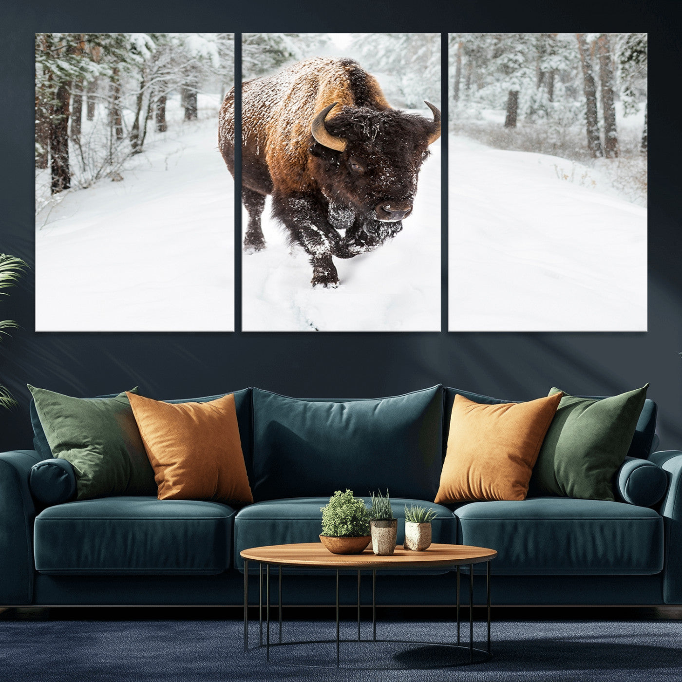 84699-MGV-CV-36X24-Bison in Winter Wall Art – Majestic Buffalo Canvas Print with Snowy Forest Landscape, Rustic Wildlife Artwork for Cabin, Living
