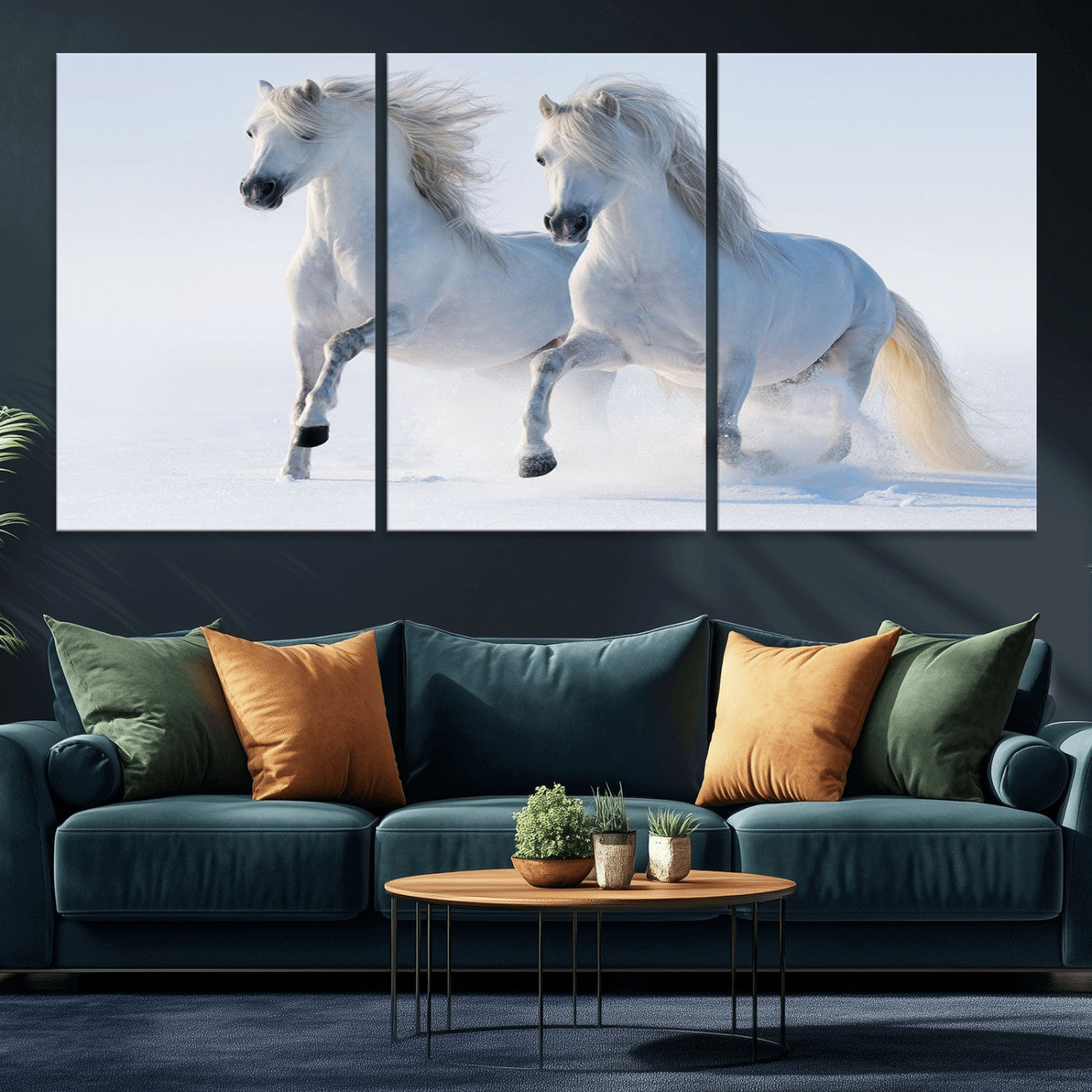 80145-MGV-CV-36X24-White Horses Running Snow Wall Art – Majestic Equine Canvas Print, Winter Nature Photography Decor for Living Room, Office,