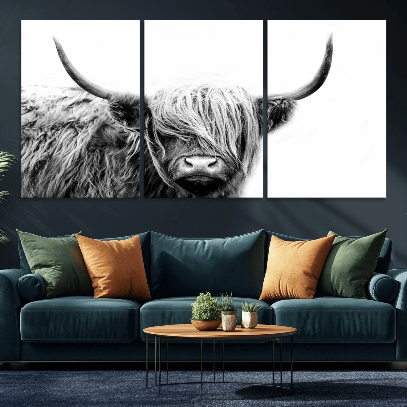 51957-MGV-CV-36X24-Highland Cow Wall Art – Black and White Scottish Highland Bull Canvas Print, Rustic Farmhouse Animal Decor for Living Room,