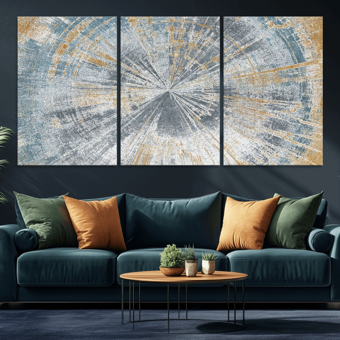 17631-MGV-CV-36X24-Radiant Burst Wall Art – Abstract Sunburst Canvas Print in Blue and Gold, Modern Geometric Painting for Living Room, Office or