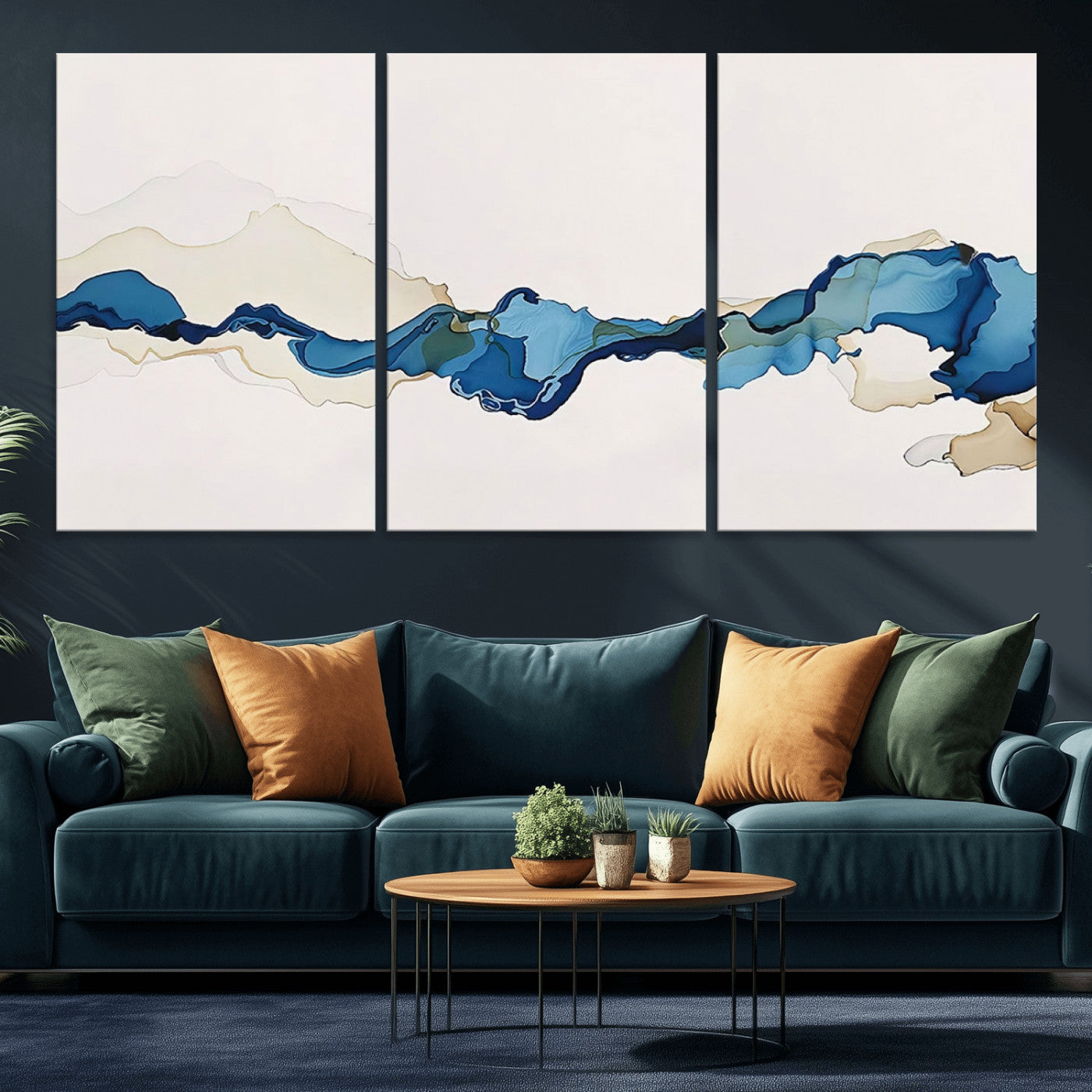95528-MGV-CV-60X30-3P-Abstract Blue Wave Wall Art – Modern Ocean Inspired Canvas Print, Minimalist Fluid Painting for Living Room, Bedroom or Office