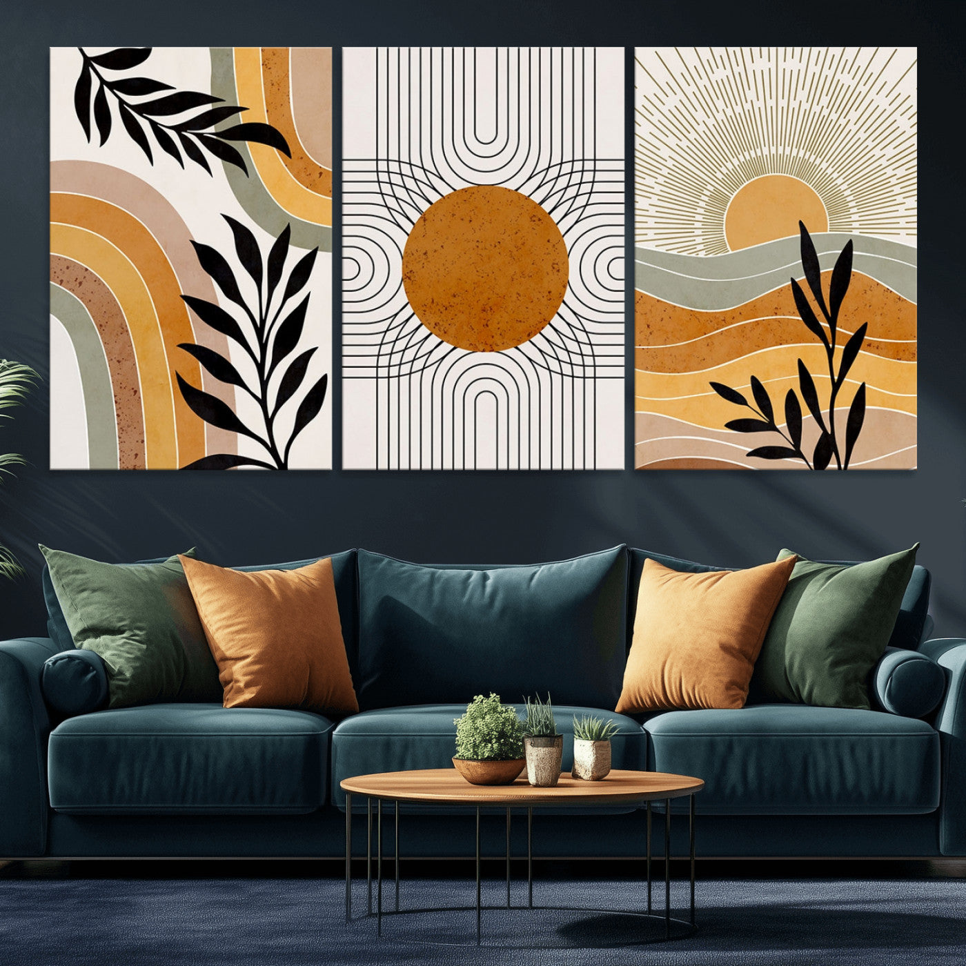 44668-MGV-CV-60X30-3P-Mid Century Modern Wall Art – Abstract Sun and Rainbow Canvas Print, Minimalist Geometric Boho Decor for Living Room, Bedroom or