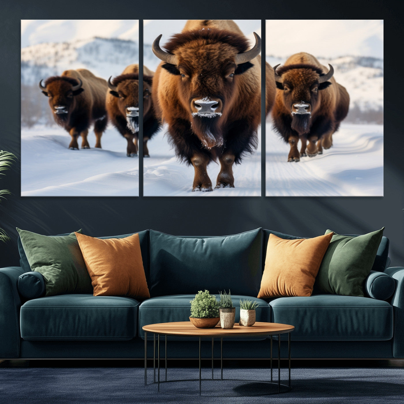 56701-MGV-CV-36X24-Bison Herd Wall Art – Buffalo Walking in Snowy Mountains Canvas Print, Rustic Wildlife Decor for Cabin, Lodge, or Living Room