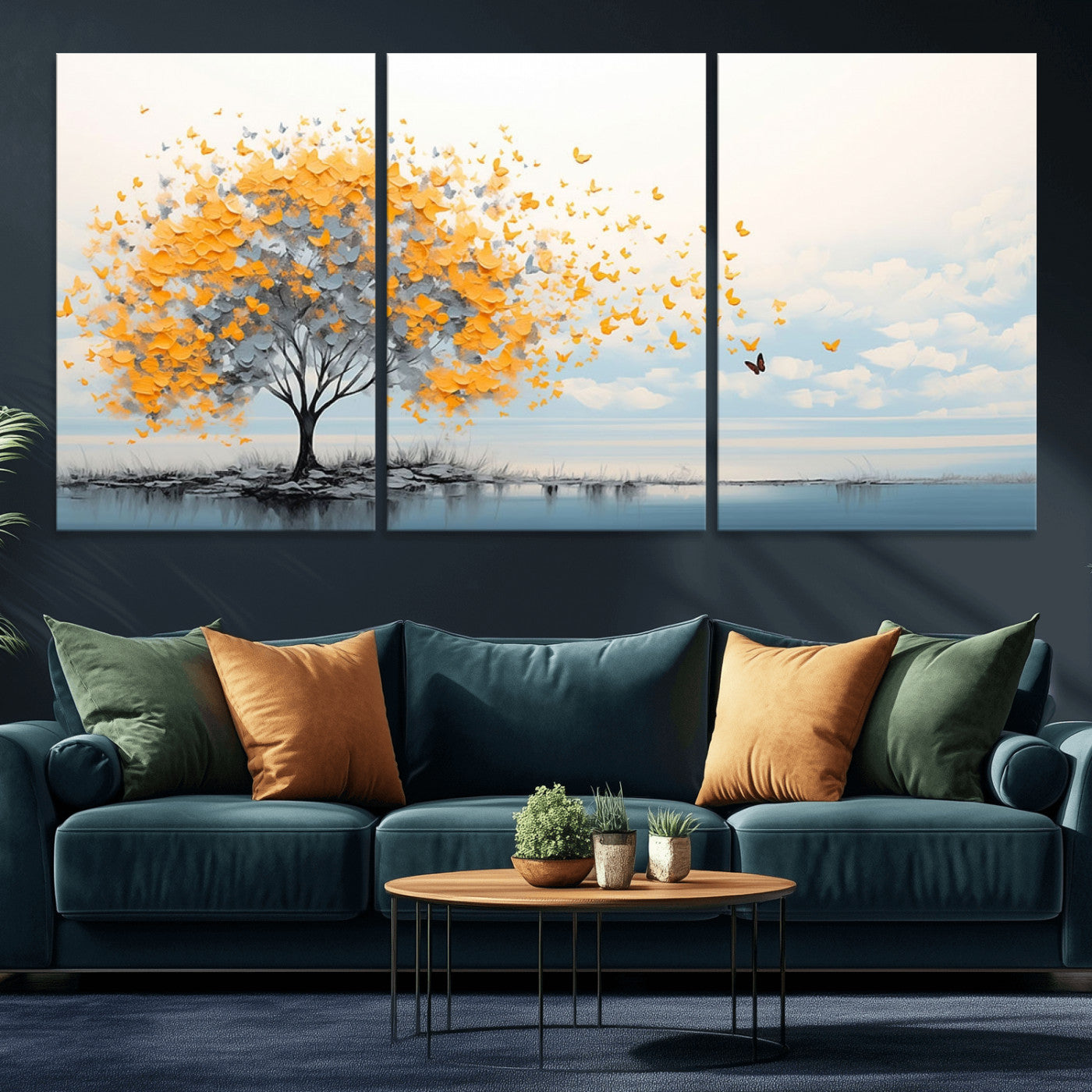 23385-MGV-CV-36X24-Golden Butterfly Tree Wall Art – Abstract Yellow and Gray Canvas Print, Modern Nature Artwork for Living Room, Bedroom or Office