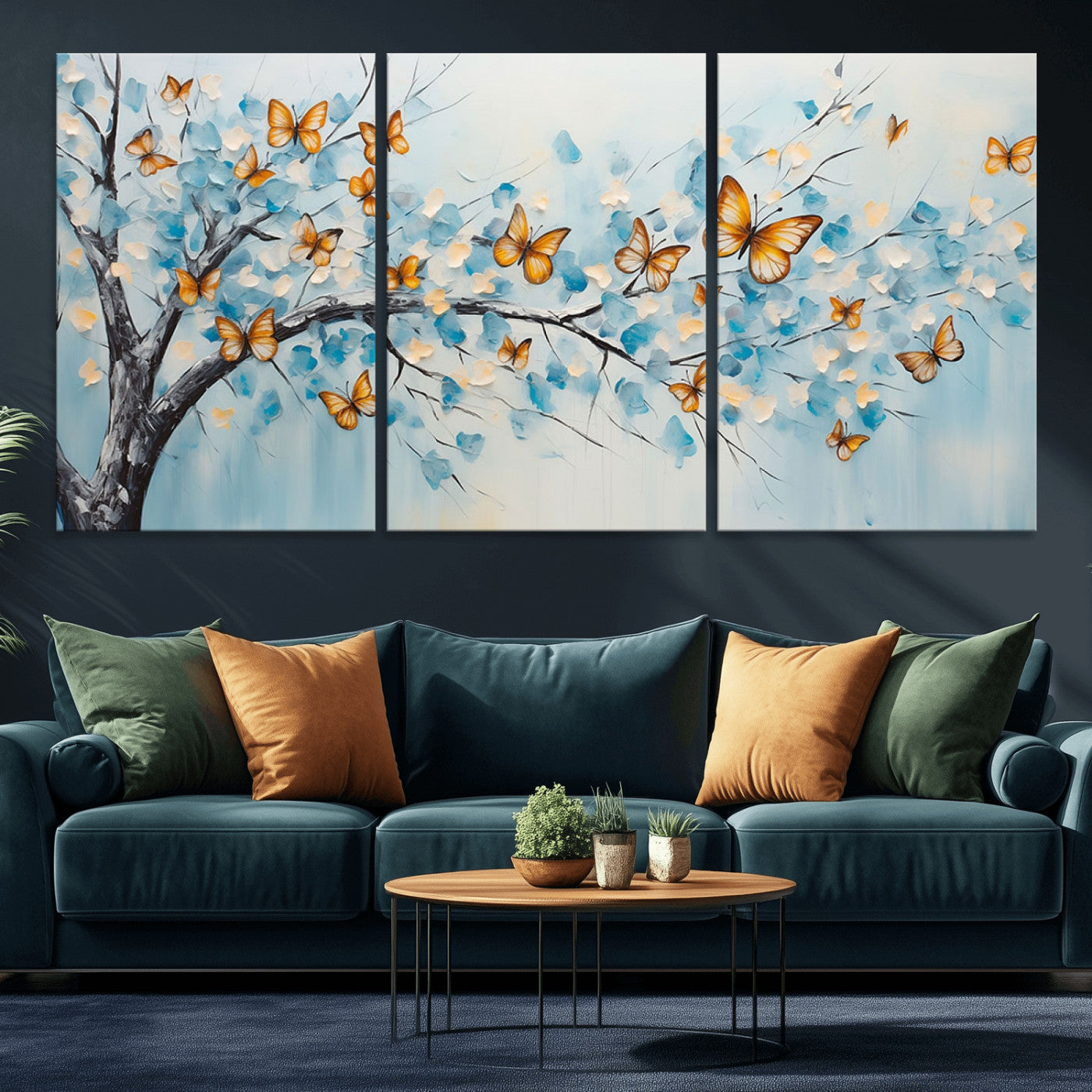 59455-MGV-CV-36X24-Butterfly Tree Branch Wall Art – Blue and Yellow Abstract Canvas Print, Modern Nature Artwork for Living Room, Bedroom or Office