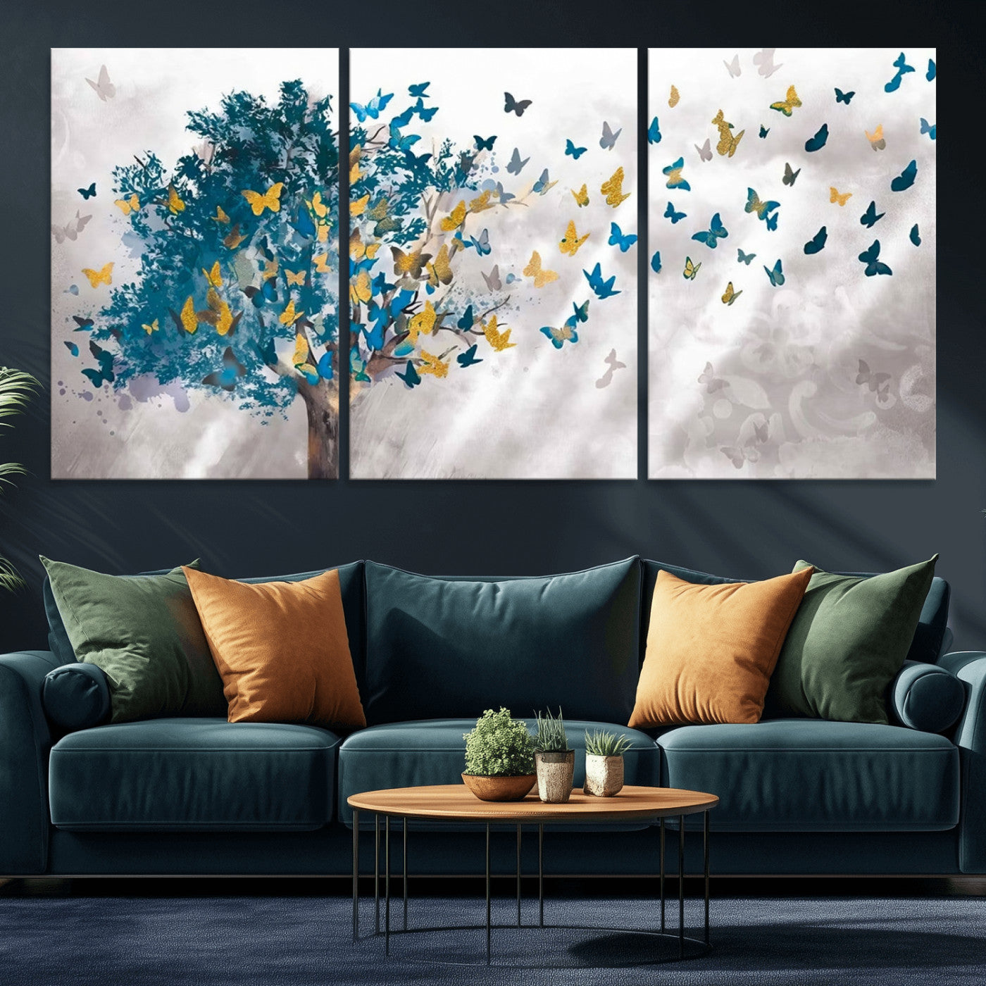 37564-MGV-CV-36X24-Butterfly Tree Wall Art – Modern Nature Canvas Print with Blue and Golden Butterflies, Elegant Decorative Painting for Living Room