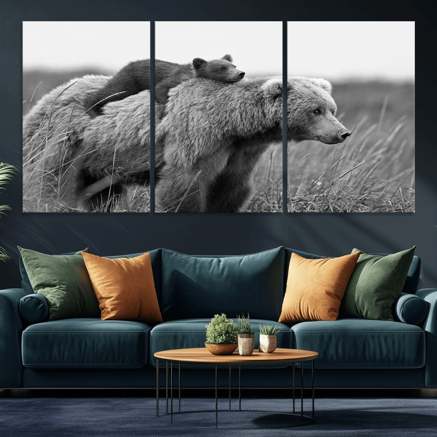 76338-MGV-CV-36X24-Mother Bear and Cub Wall Art – Black and White Wildlife Canvas Print, Rustic Nature Photography for Cabin, Living Room or Office