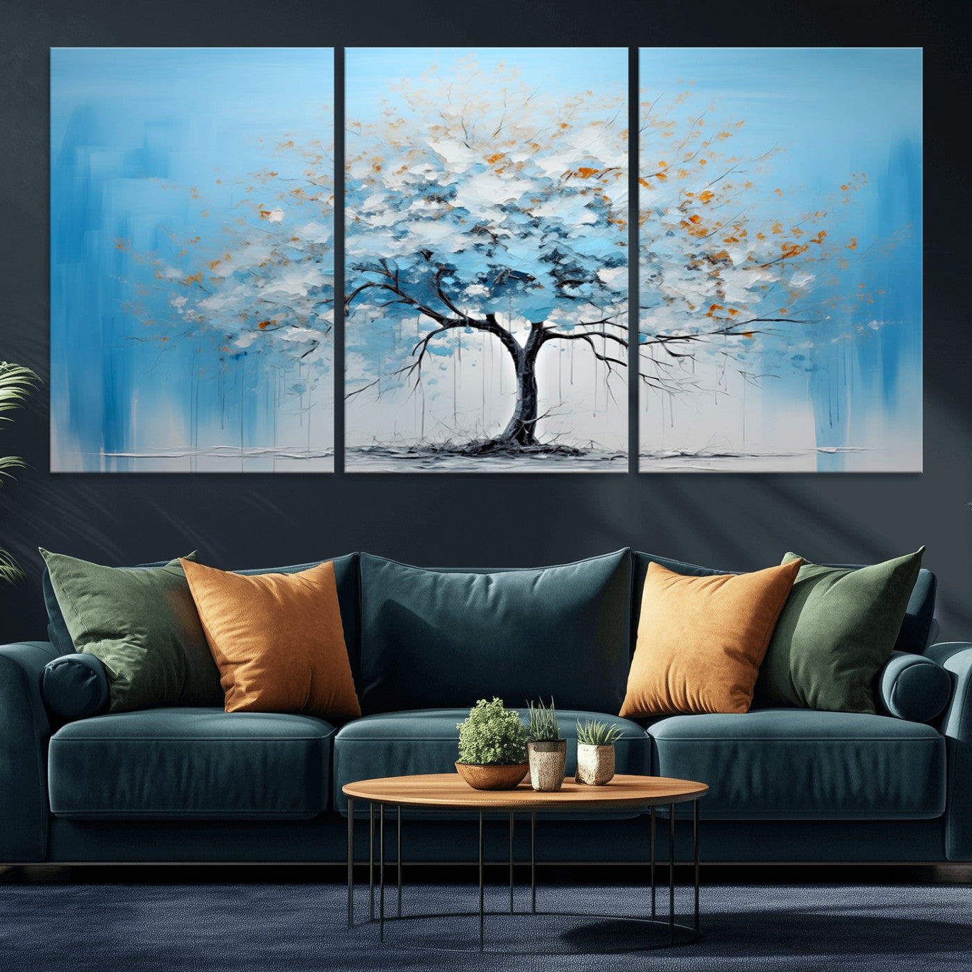 25021-MGV-CV-36X24-Abstract Tree Wall Art – Blue and White Canvas Painting with Gold Accents, Modern Nature-Inspired Artwork for Living Room, Bedroom