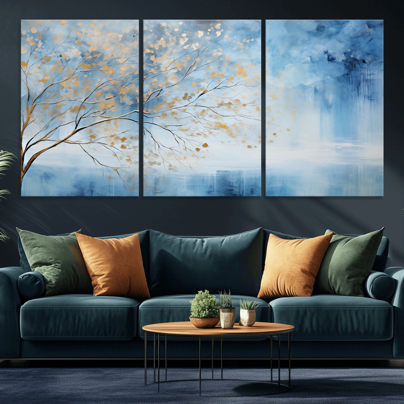 23891-MGV-CV-36X24-Abstract Tree Wall Art – Minimalist Blue and Gold Canvas Painting, Elegant Nature-Inspired Artwork for Living Room, Bedroom or