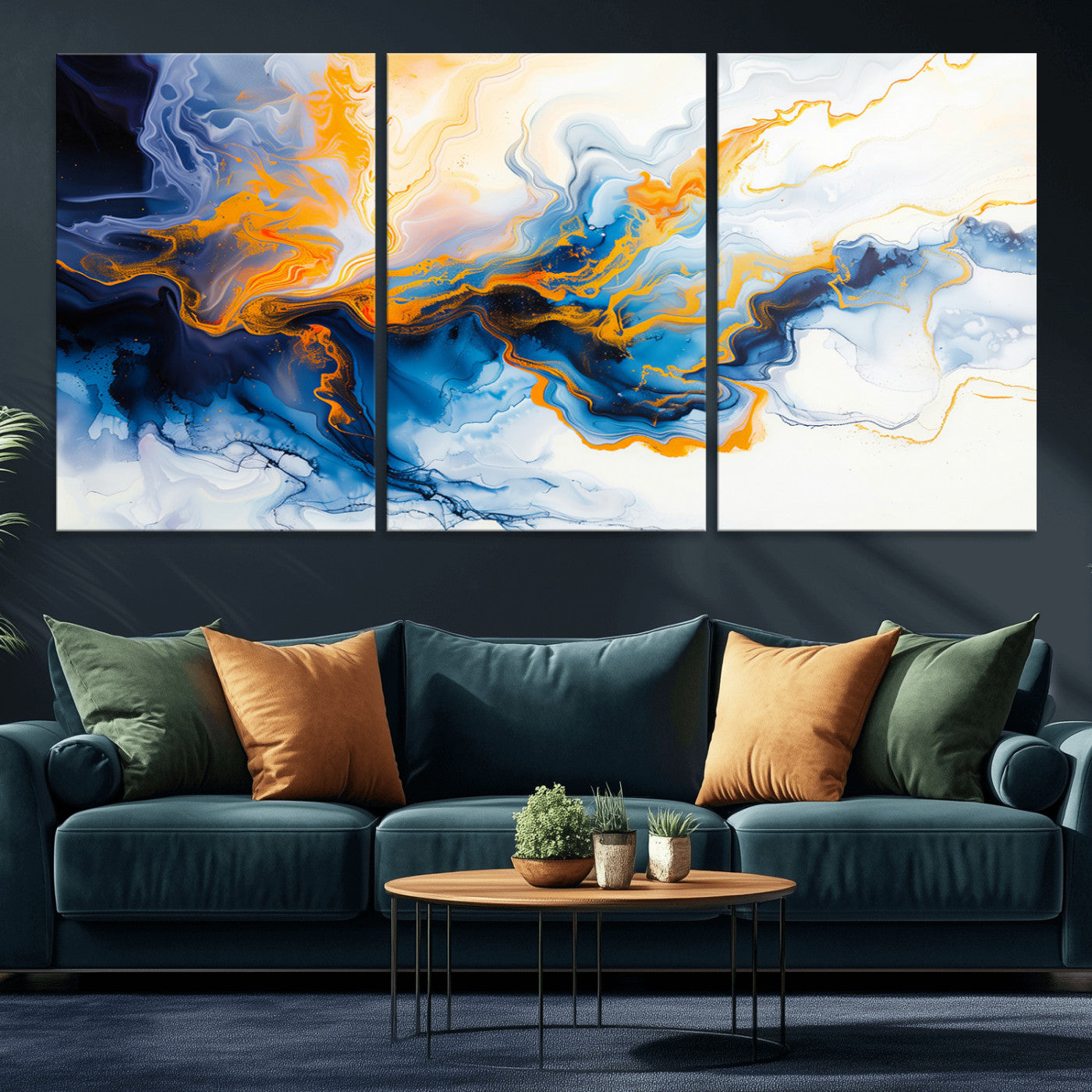 83720-MGV-CV-36X24-Abstract Fluid Wall Art – Blue, White and Gold Swirl Canvas Painting, Modern Contemporary Artwork for Living Room, Bedroom or