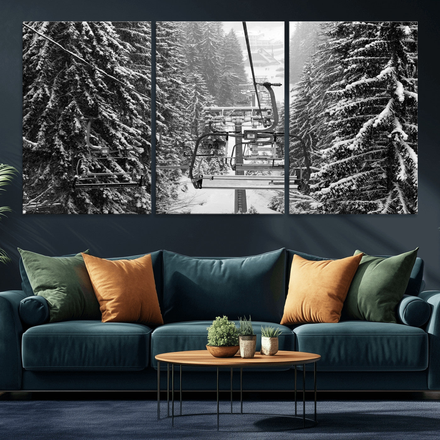 19240-MGV-CV-36X24-Ski Lift Wall Art – Black and White Winter Mountain Canvas Print, Snowy Forest Ski Resort Photography for Cabin, Lodge, Office or