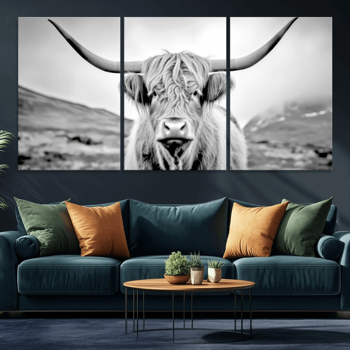 80564-MGV-CV-36X24-Highland Cow Wall Art – Black and White Scottish Highland Canvas Print, Rustic Farmhouse Decor for Living Room, Bedroom or Office