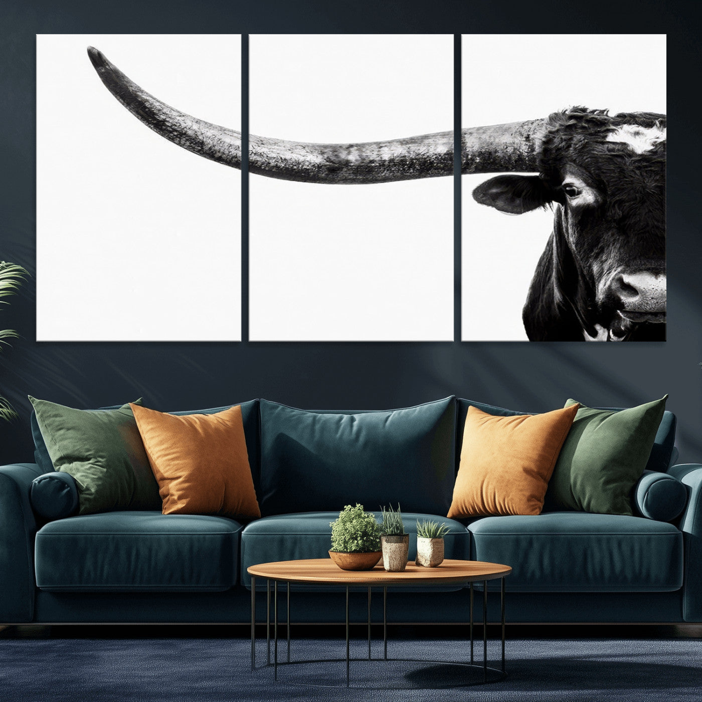 31699-MGV-CV-36X24-Longhorn Wall Art – Black and White Texas Longhorn Cow Canvas Print, Rustic Western Farmhouse Artwork for Living Room, Bedroom or
