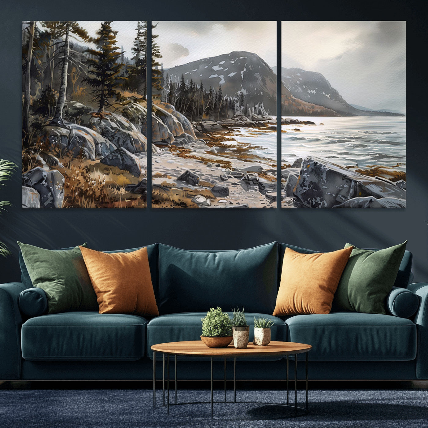41281-MGV-CV-36X24-Rocky Shoreline Wall Art – Panoramic Mountain Coast and Forest Canvas Print, Rustic Nature Landscape Decor for Cabin, Lodge, or