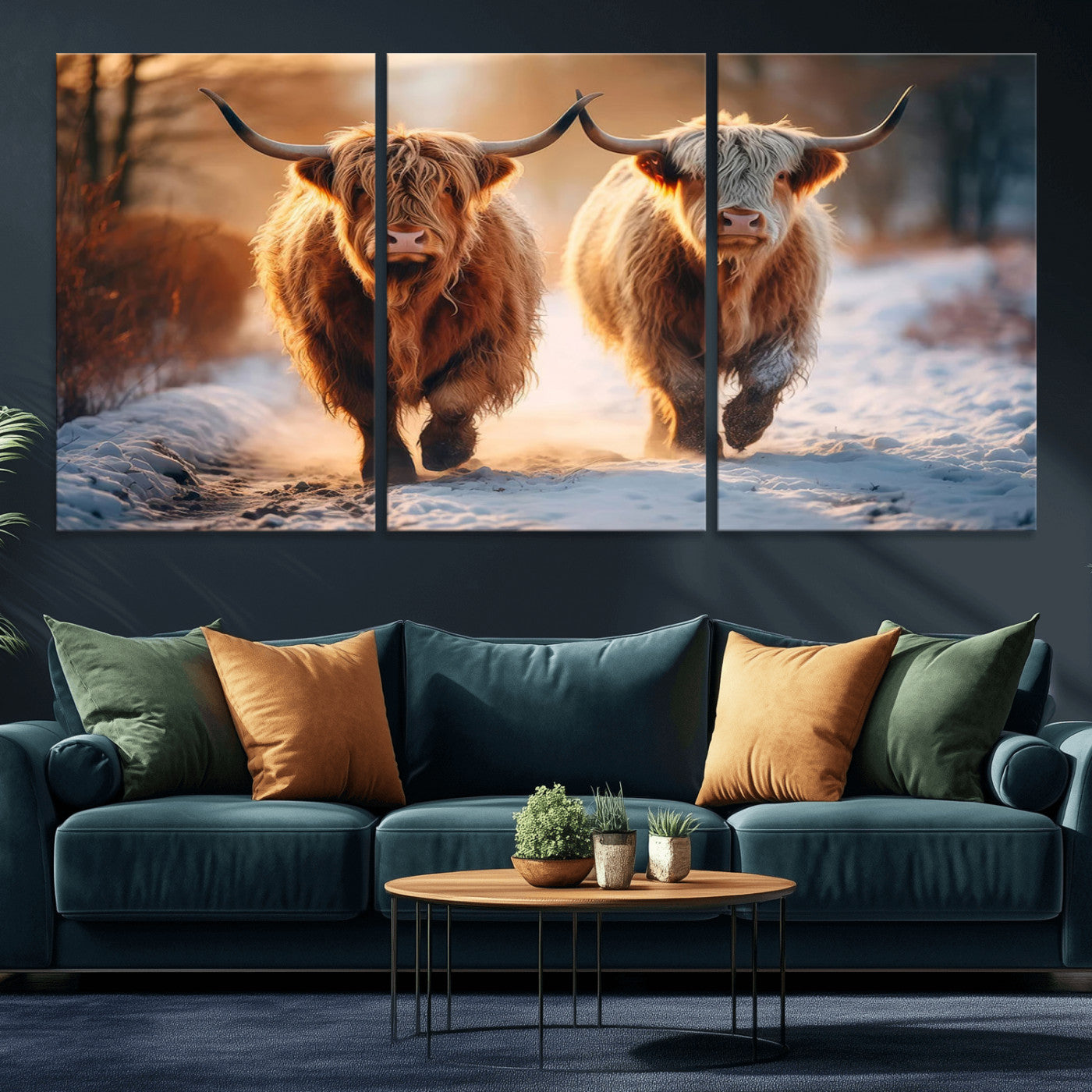 50490-MGV-CV-36X24-Highland Cow Wall Art – Rustic Panoramic Canvas Print Two Cattle Snowy Landscape, Farmhouse Country Decor for Living Room Office